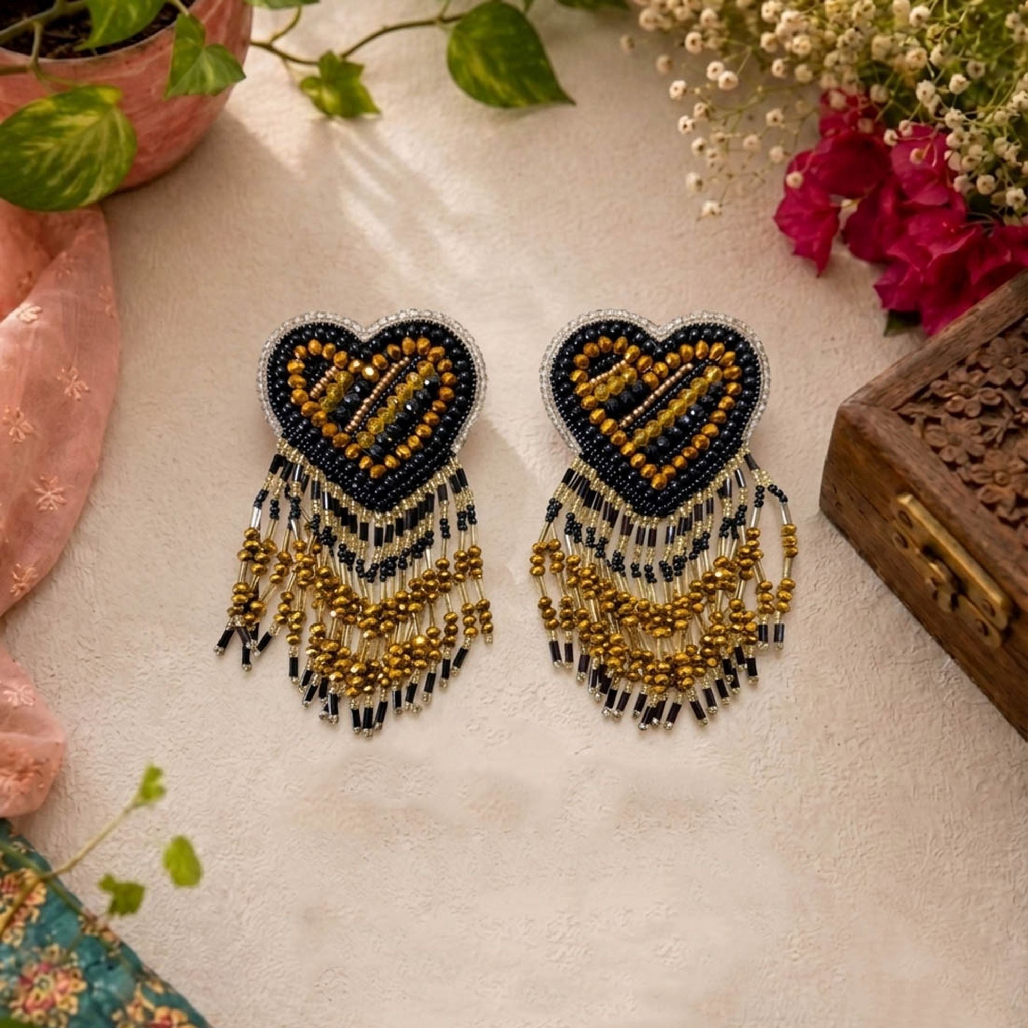 Black & Gold Heart Handcraft Earrings