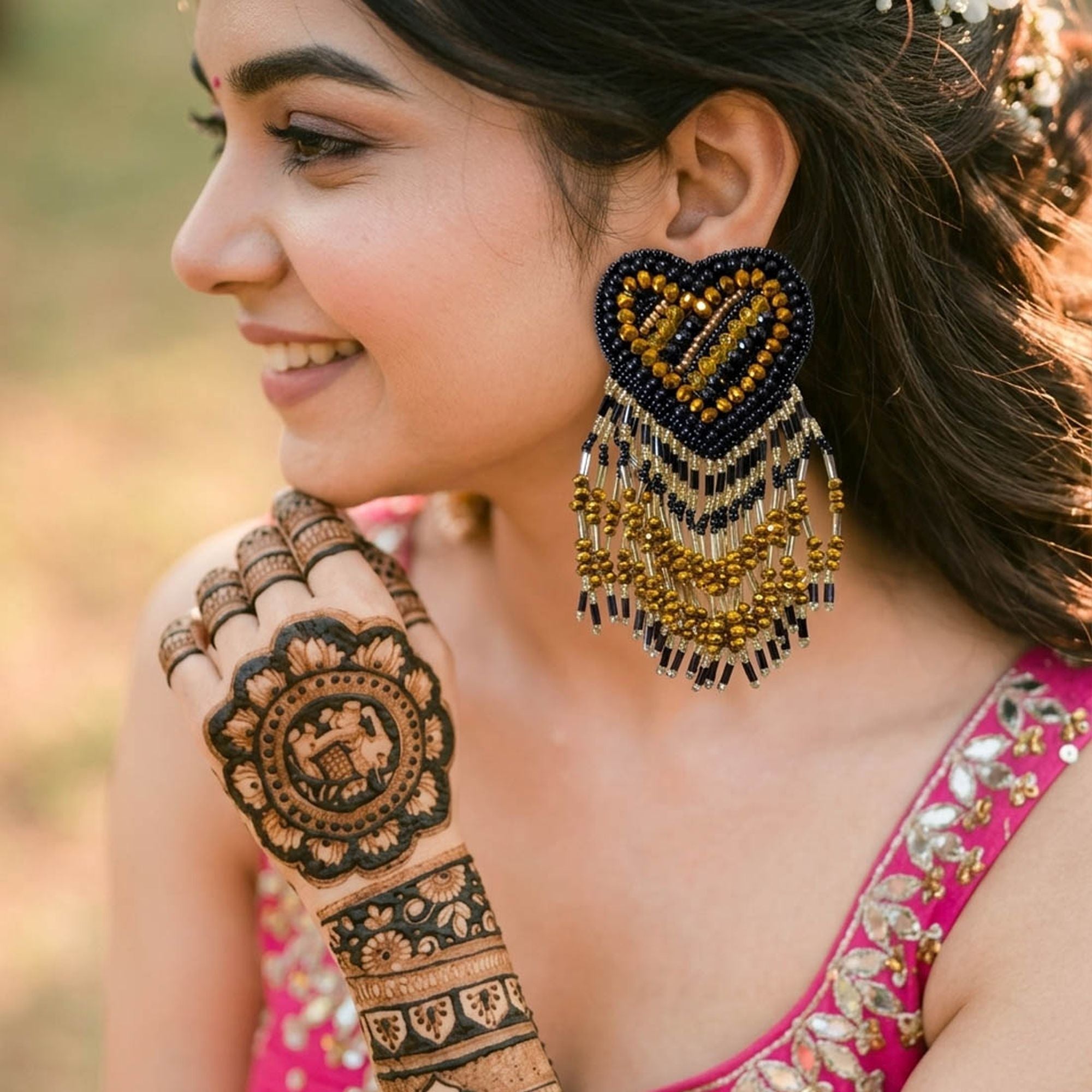 Black & Gold Heart Handcraft Earrings