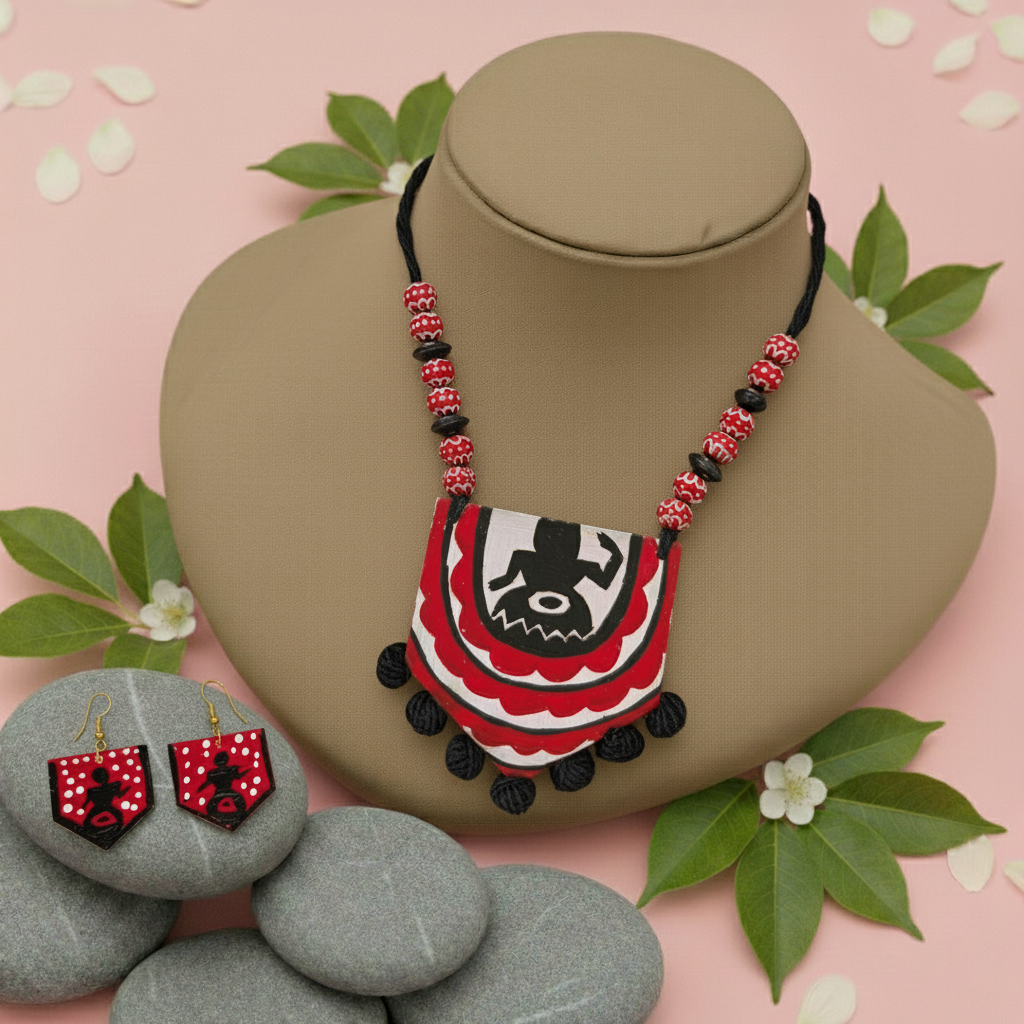 Beautiful Black & Maroon Color Wooden Handcraft Necklace Set For Traditional Outfits