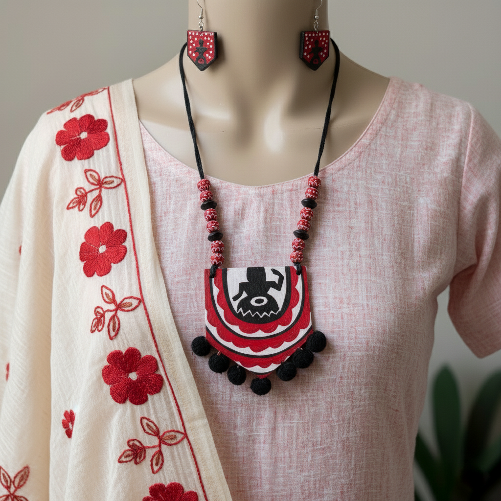 Beautiful Black & Maroon Color Wooden Handcraft Necklace Set For Traditional Outfits