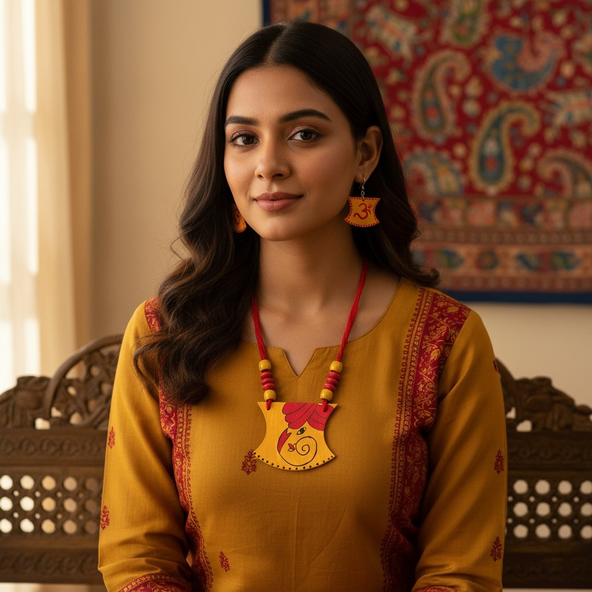 Mustred Yellow Color Wooden Handcraft Necklace Set Featuring Classic Handcrafted Ethnic Design