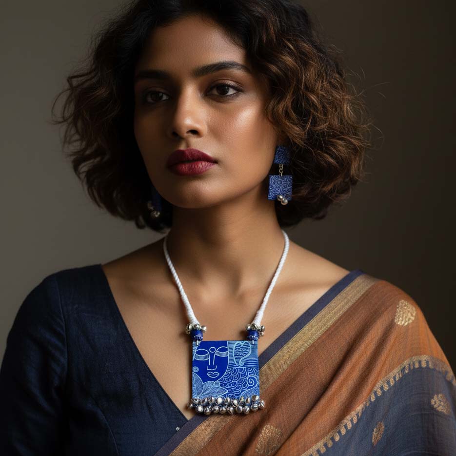 Blue Color Wooden Handcraft Necklace Set With Artistic Carved Wooden Beads For Ethnic Wear