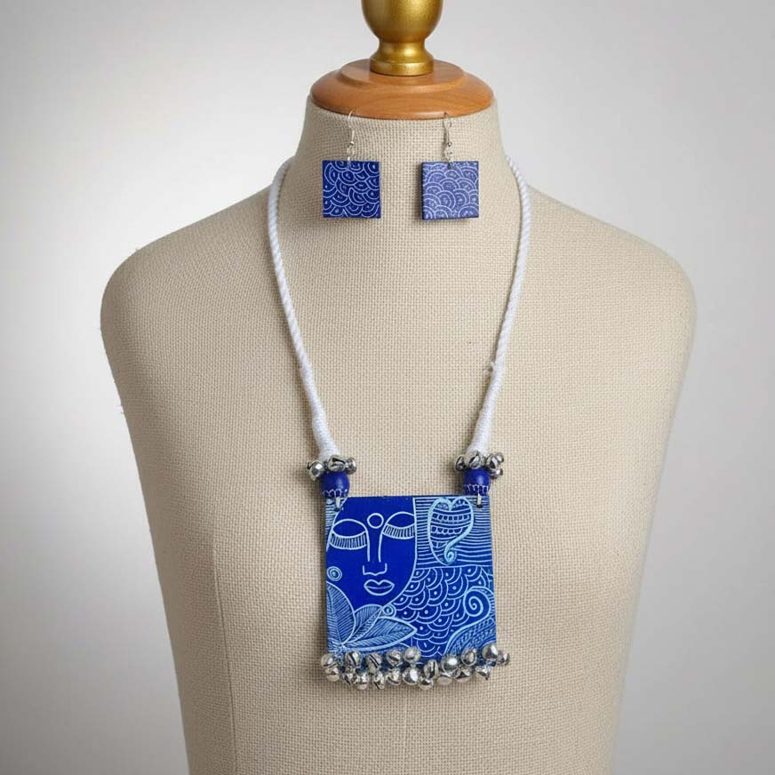 Blue Color Wooden Handcraft Necklace Set With Artistic Carved Wooden Beads For Ethnic Wear