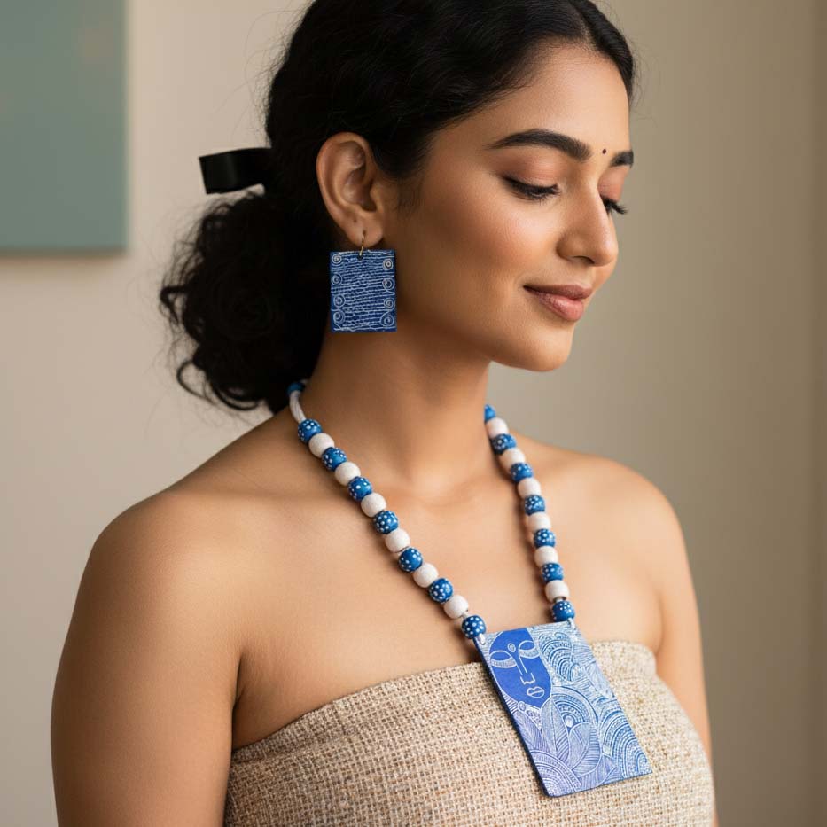 Blue Color Wooden Handcraft Necklace Set Featuring Handcrafted Boho Style Elements For Women