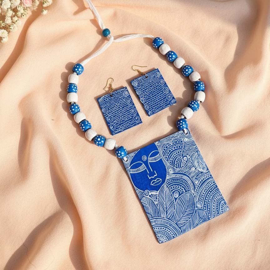 Blue Color Wooden Handcraft Necklace Set Featuring Handcrafted Boho Style Elements For Women