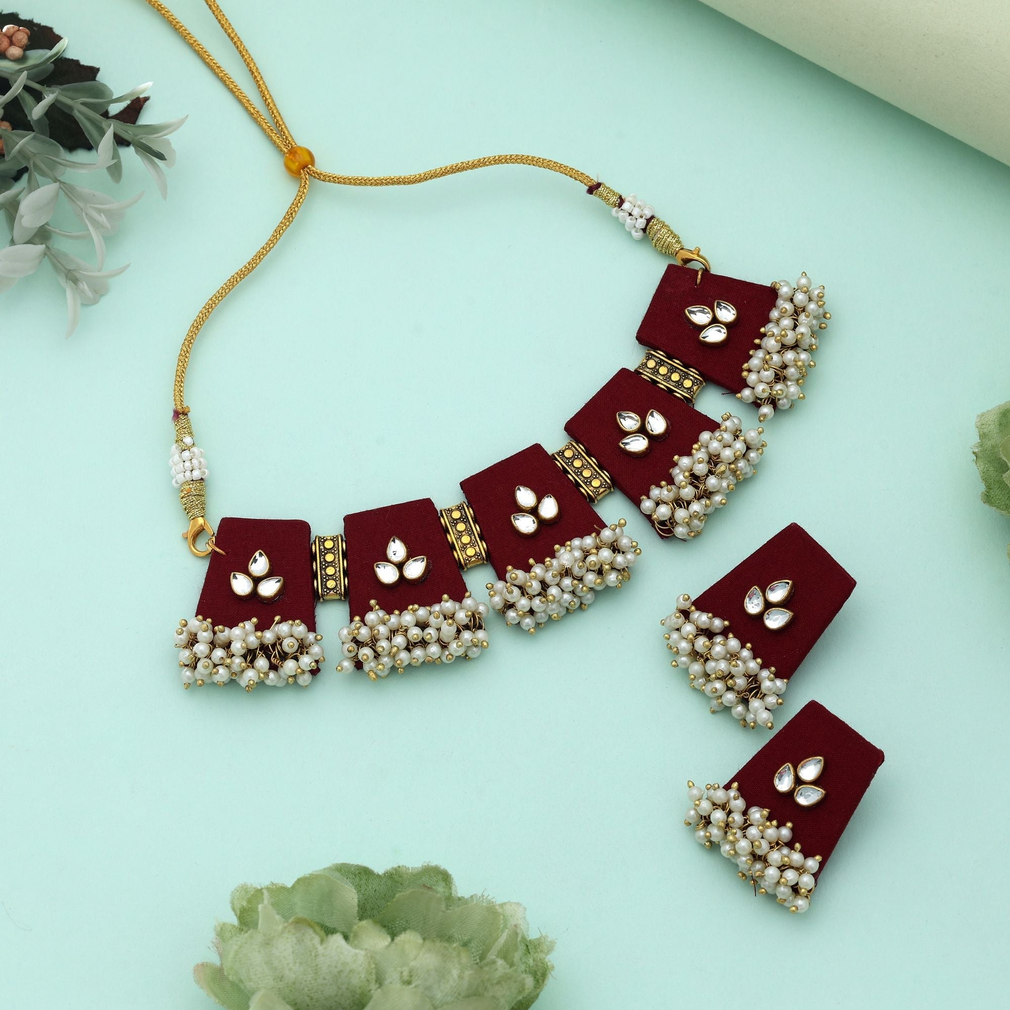 Maroon Color Choker Handcraft Necklace Set Stylish Ethnic Bridal Party Wear Jewelry Design