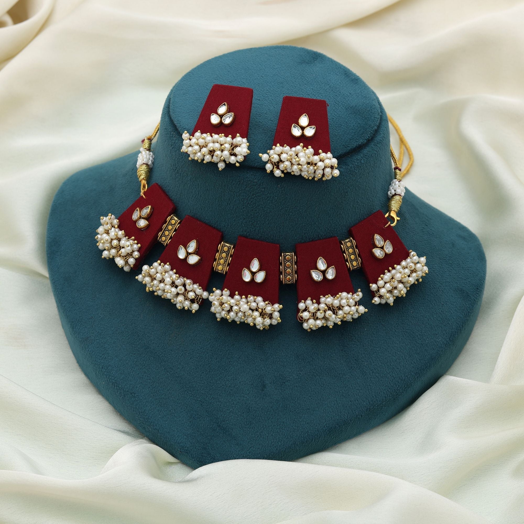 Maroon Color Choker Handcraft Necklace Set Stylish Ethnic Bridal Party Wear Jewelry Design