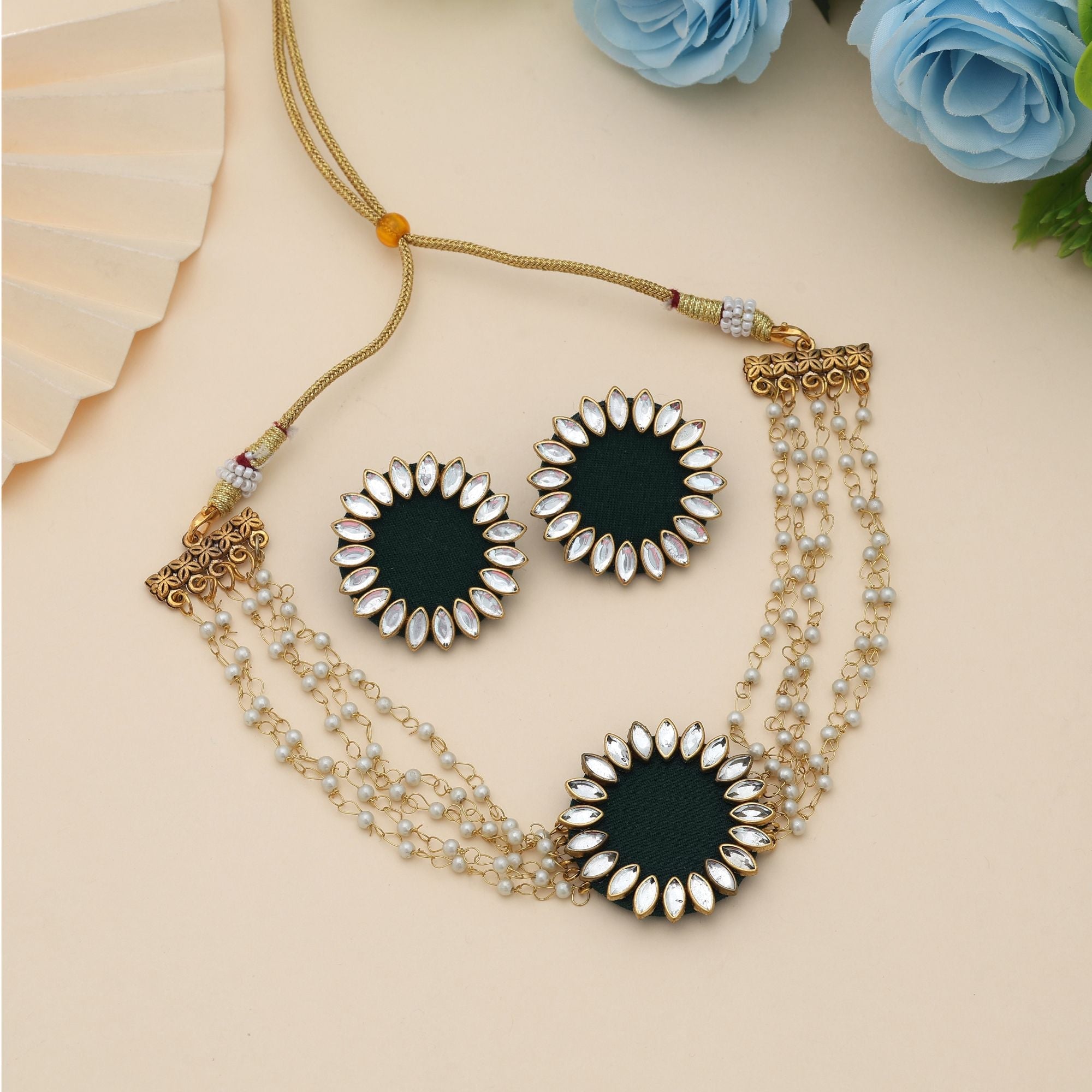 Green Color Choker Handcraft Necklace Set Stylish Ethnic Bridal Wear Jewelry Collection Design