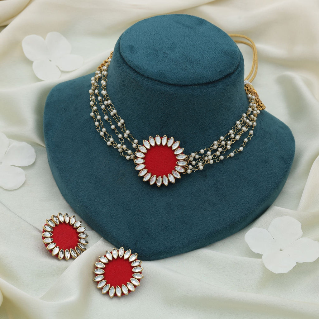 Red Color Choker Handcraft Necklace Set Classic Festive Traditional Statement Jewelry Collection