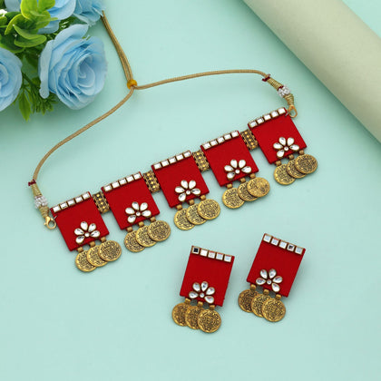 Red Color Choker Handcraft Necklace Set Traditional Ethnic Wedding Statement Jewelry Design