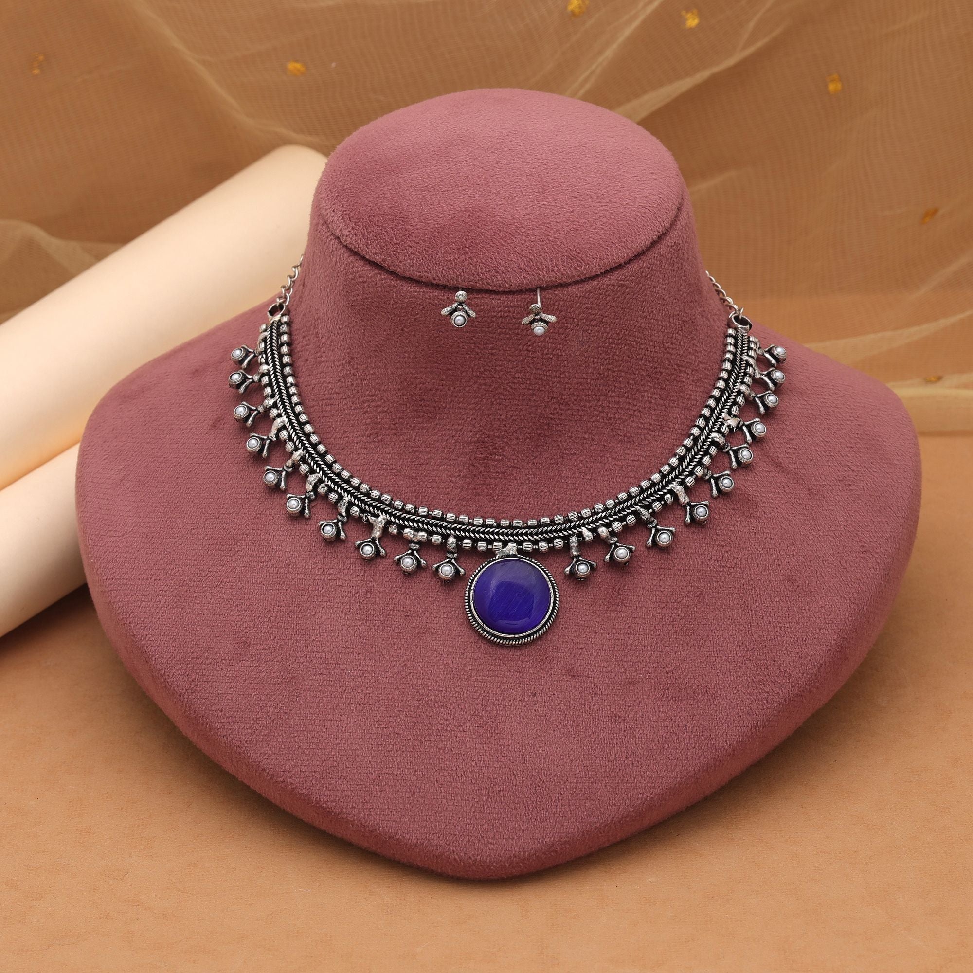 Blue Oxidised Necklace Set – Festive Wear Style