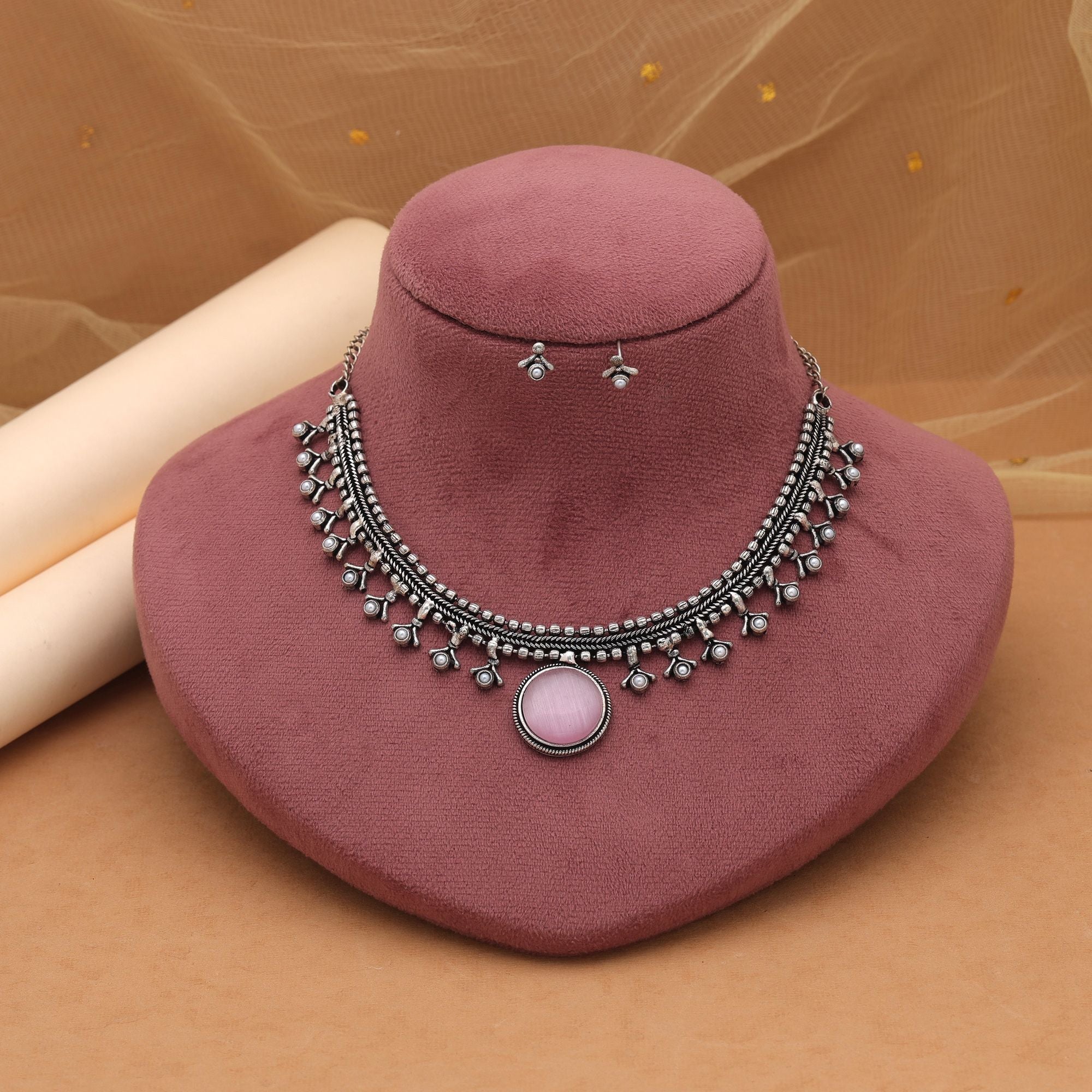Light Pink Oxidised Necklace Set – Ethnic Appeal