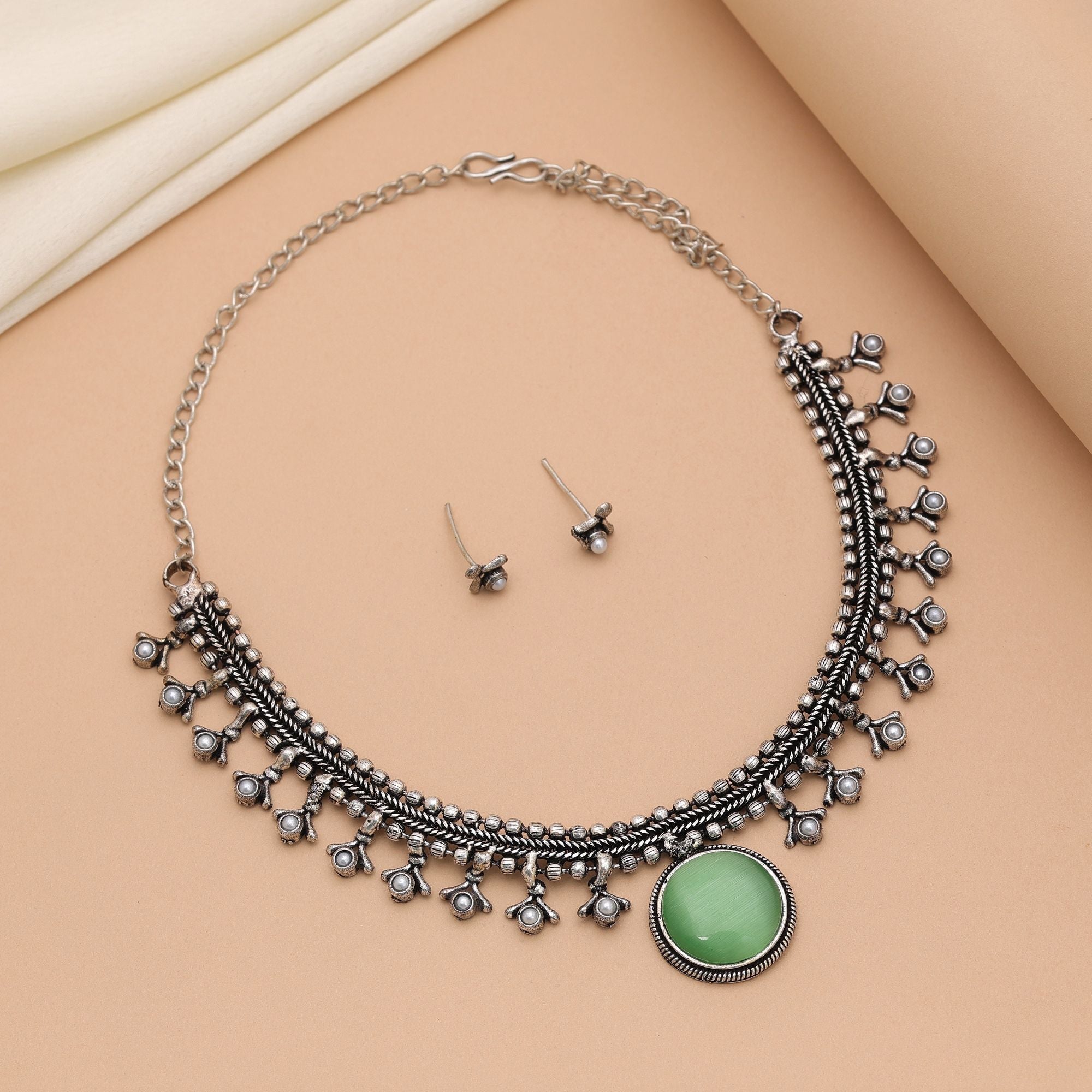 Pista Green Oxidised Necklace Set – Tribal Artwork