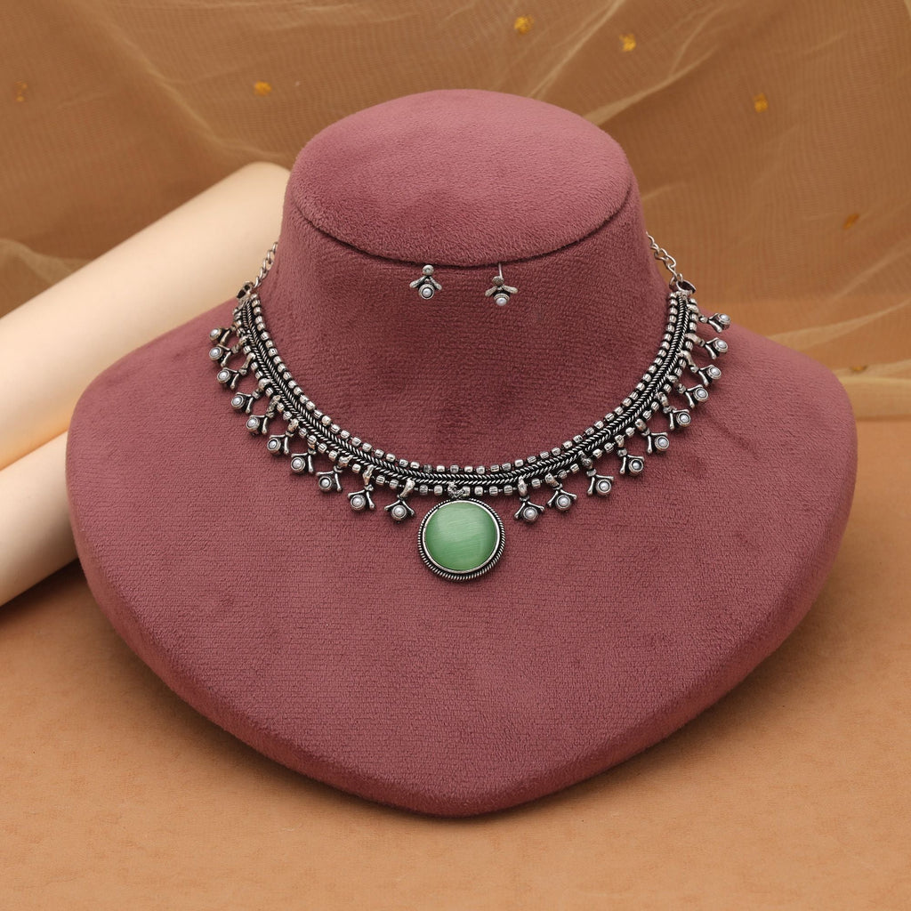 Pista Green Oxidised Necklace Set – Tribal Artwork