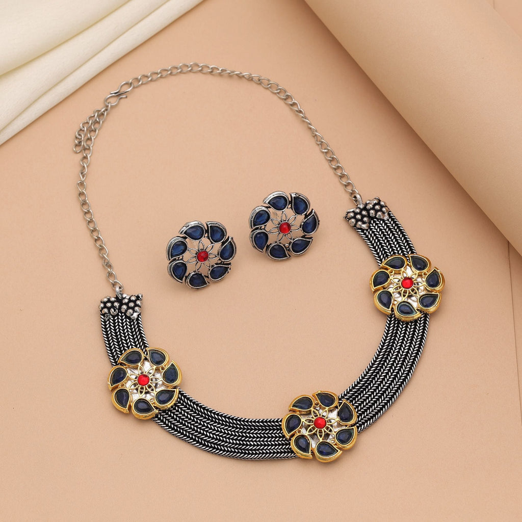 Blue Dual Tone Oxidised Necklace Set – Ethnic Design