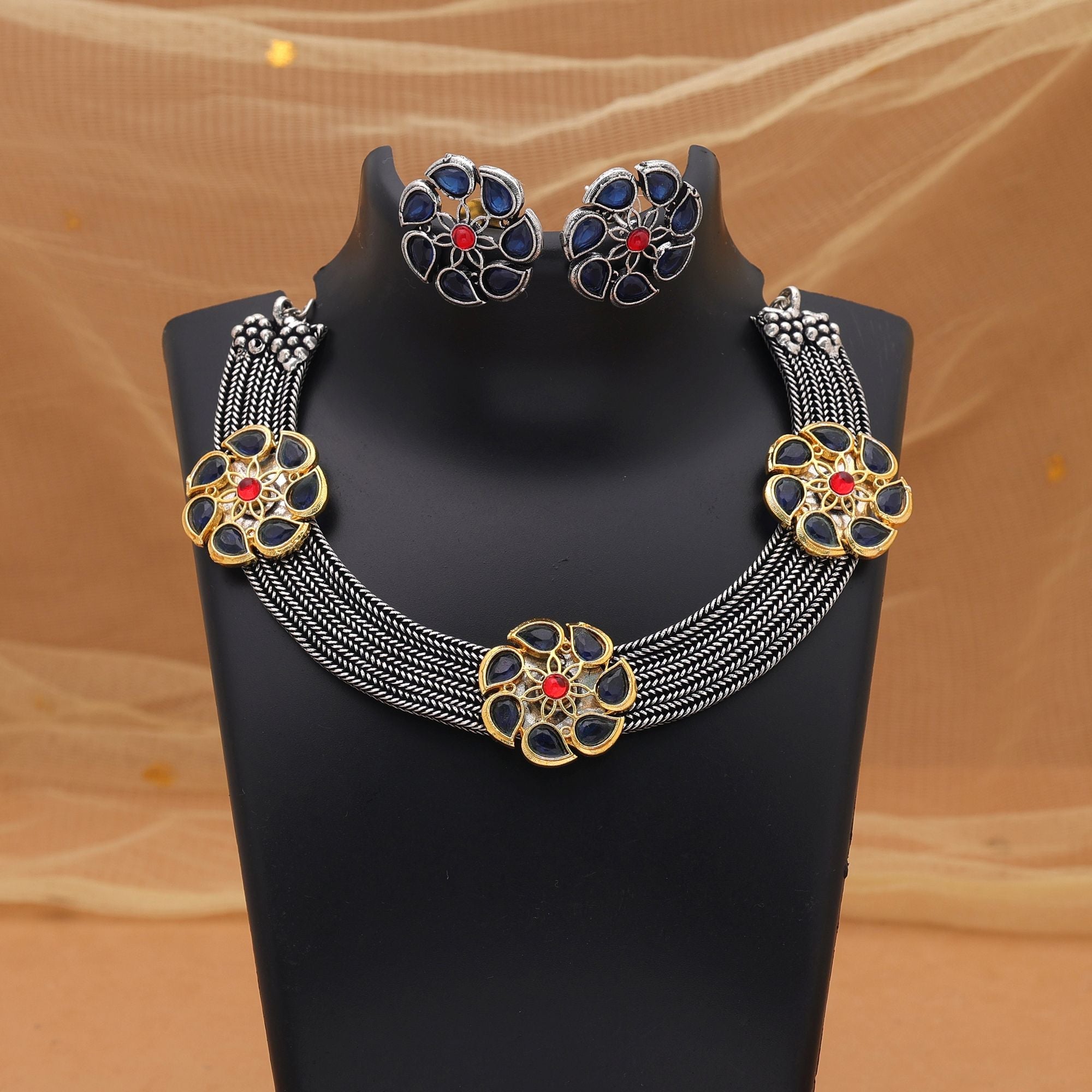 Blue Dual Tone Oxidised Necklace Set – Ethnic Design