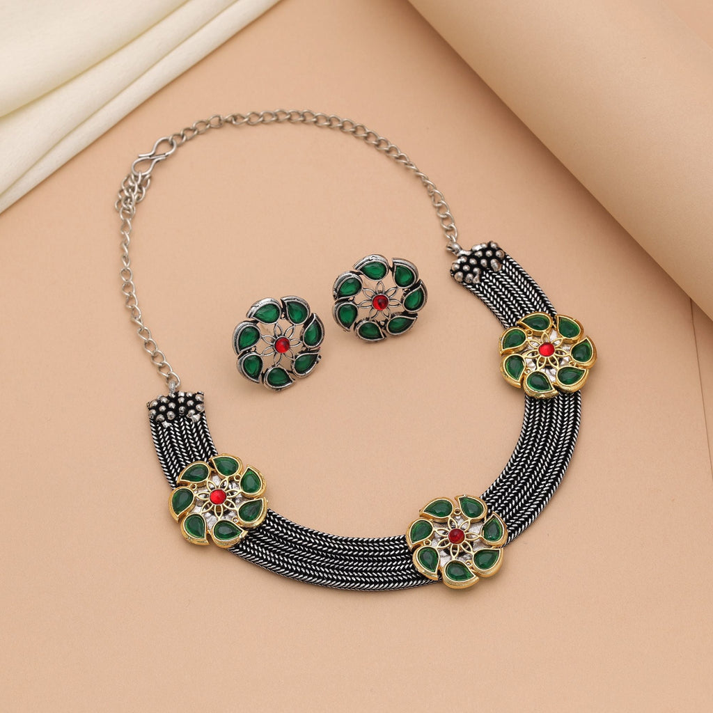 Green Dual Tone Oxidised Necklace Set – Festive Wear