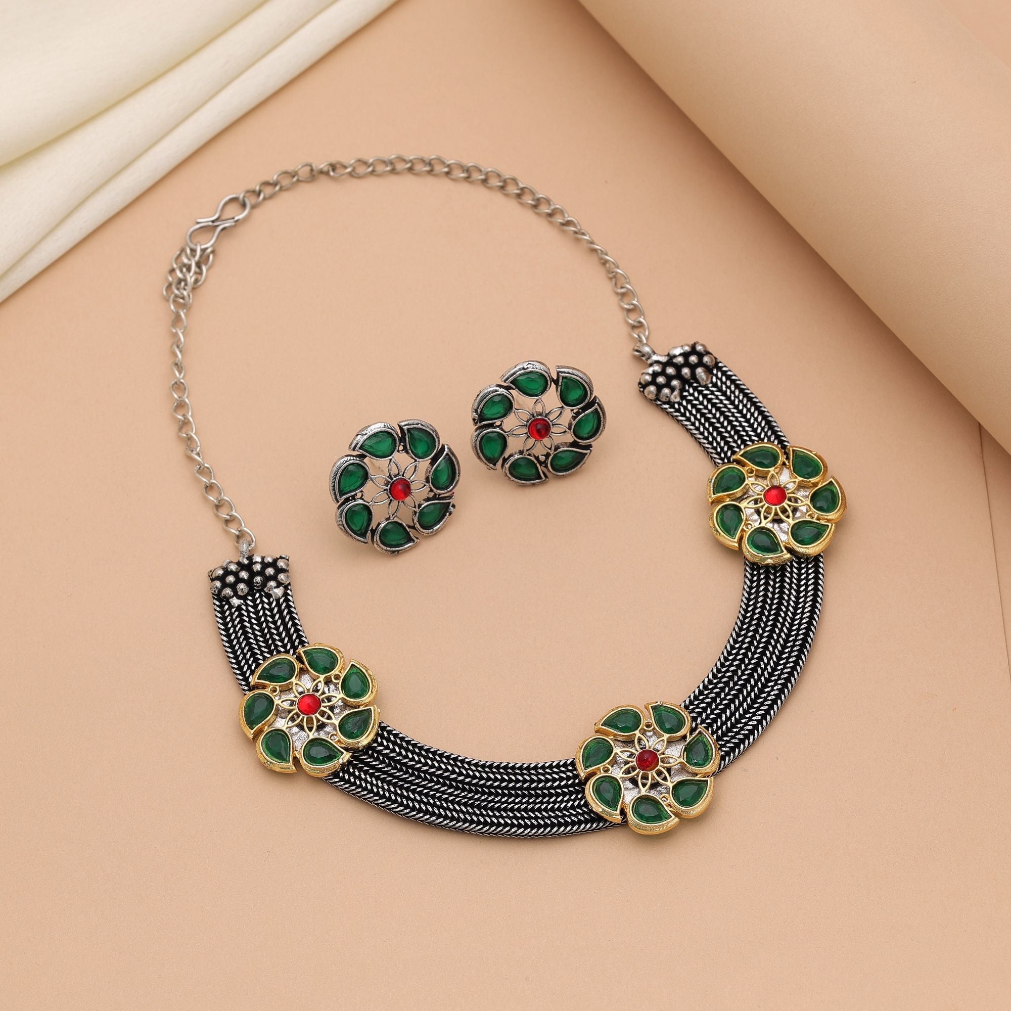 Green Dual Tone Oxidised Necklace Set – Festive Wear
