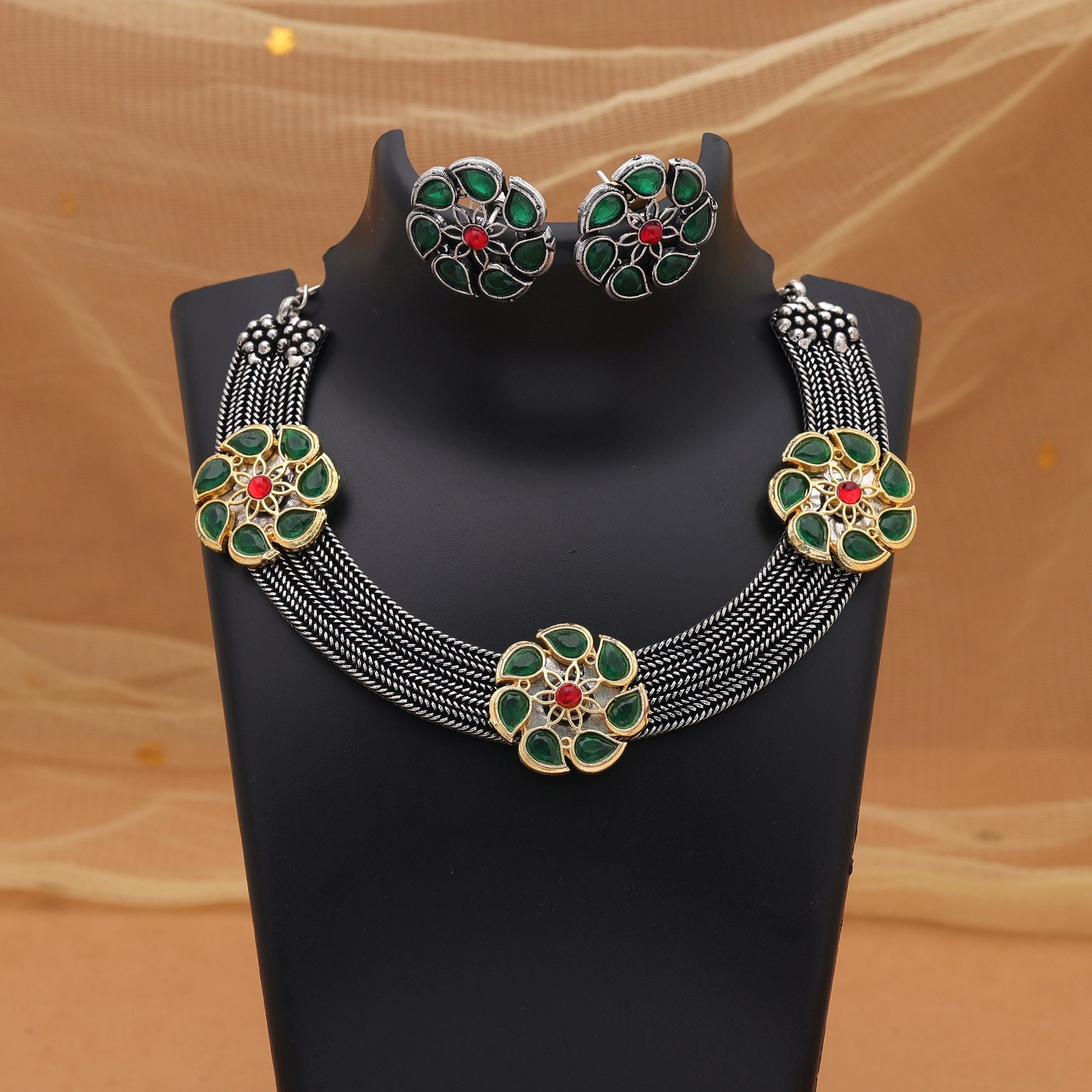 Green Dual Tone Oxidised Necklace Set – Festive Wear