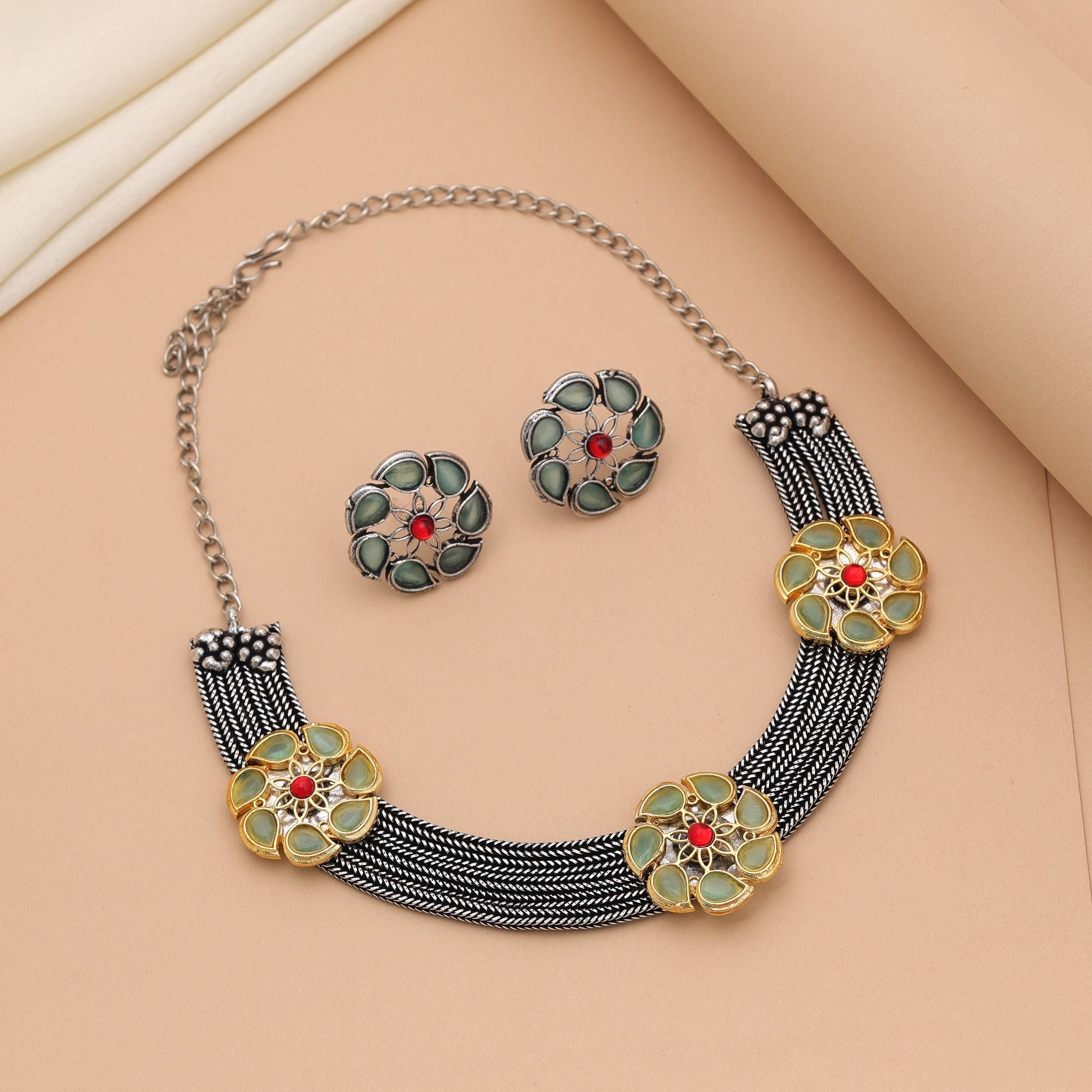 Pista Green Dual Tone Oxidised Necklace Set – Ethnic Style