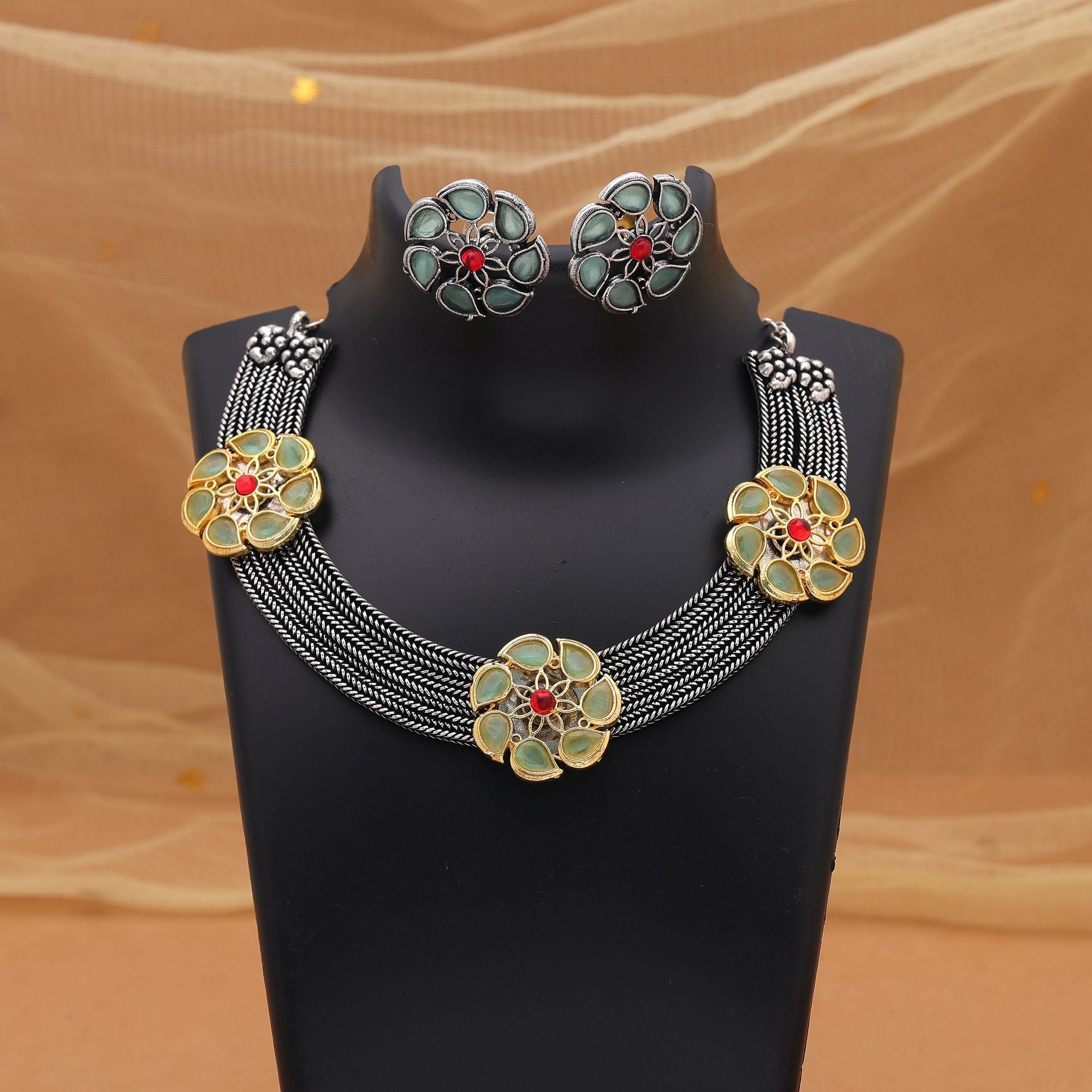 Pista Green Dual Tone Oxidised Necklace Set – Ethnic Style