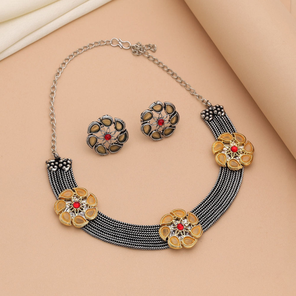 Yellow Dual Tone Oxidised Necklace Set – Ethnic Charm