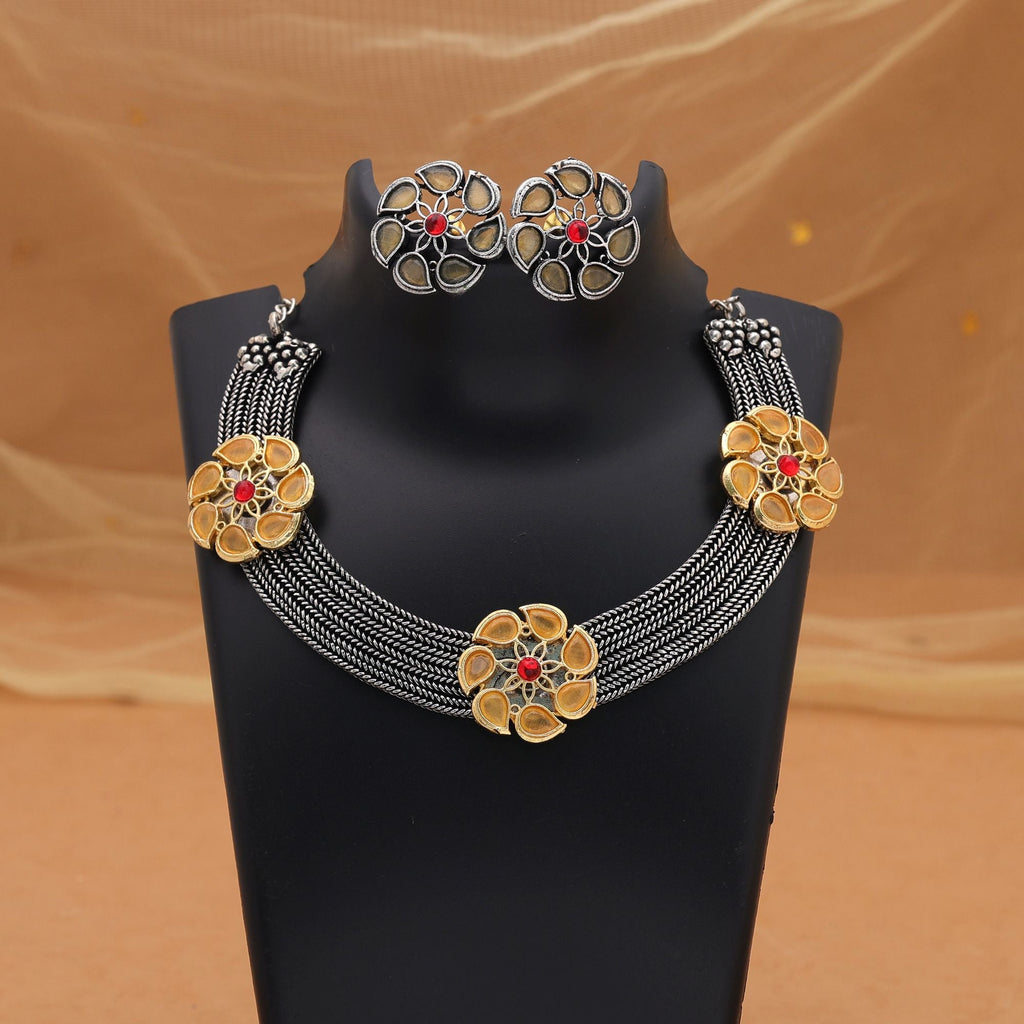 Yellow Dual Tone Oxidised Necklace Set – Ethnic Charm