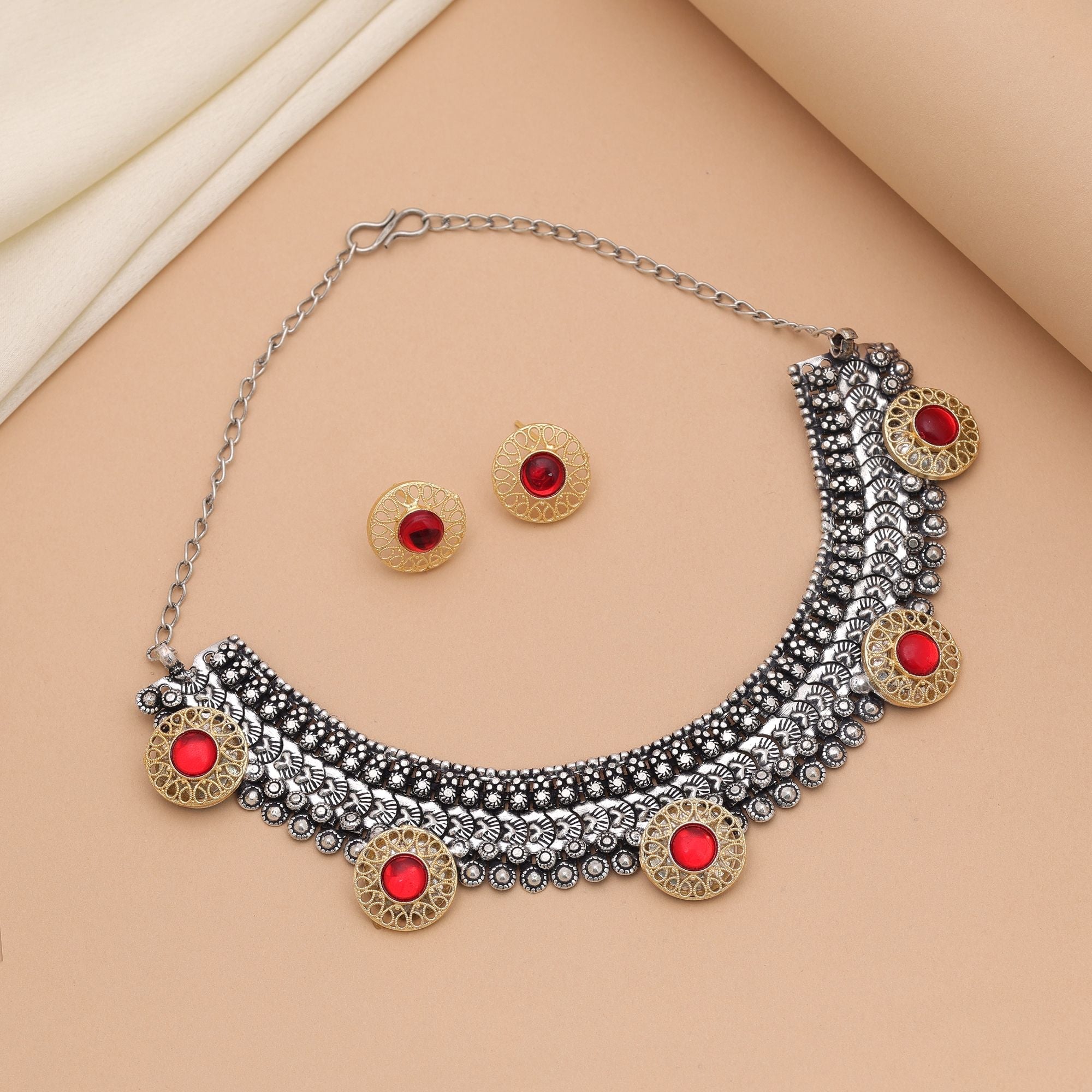 Red Dual Tone Oxidised Necklace Set – Royal Appeal