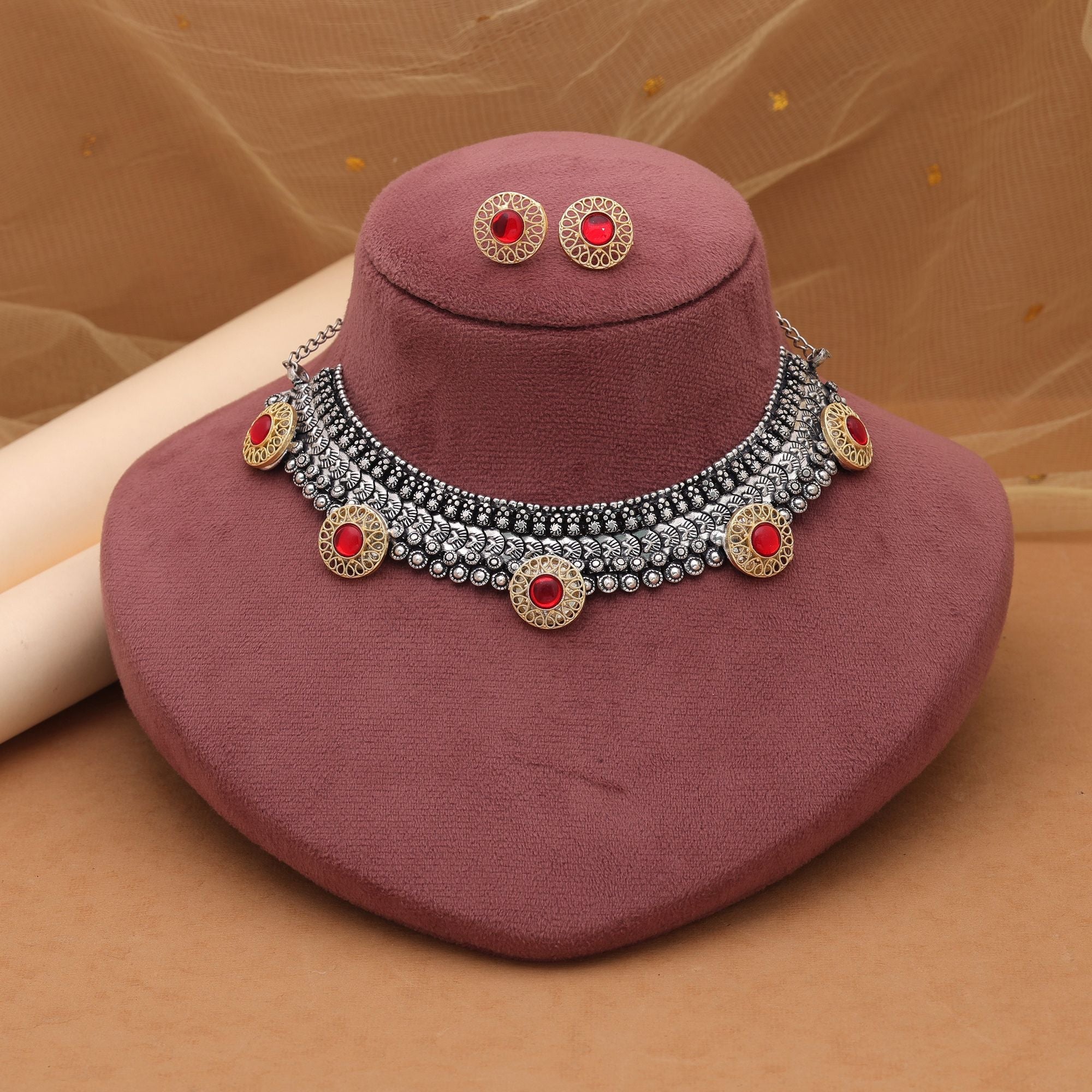 Red Dual Tone Oxidised Necklace Set – Royal Appeal