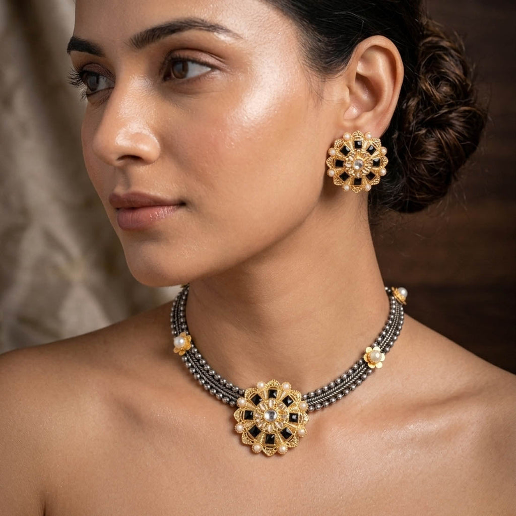 Black Color Unique Dual Tone Oxidised Necklace Set