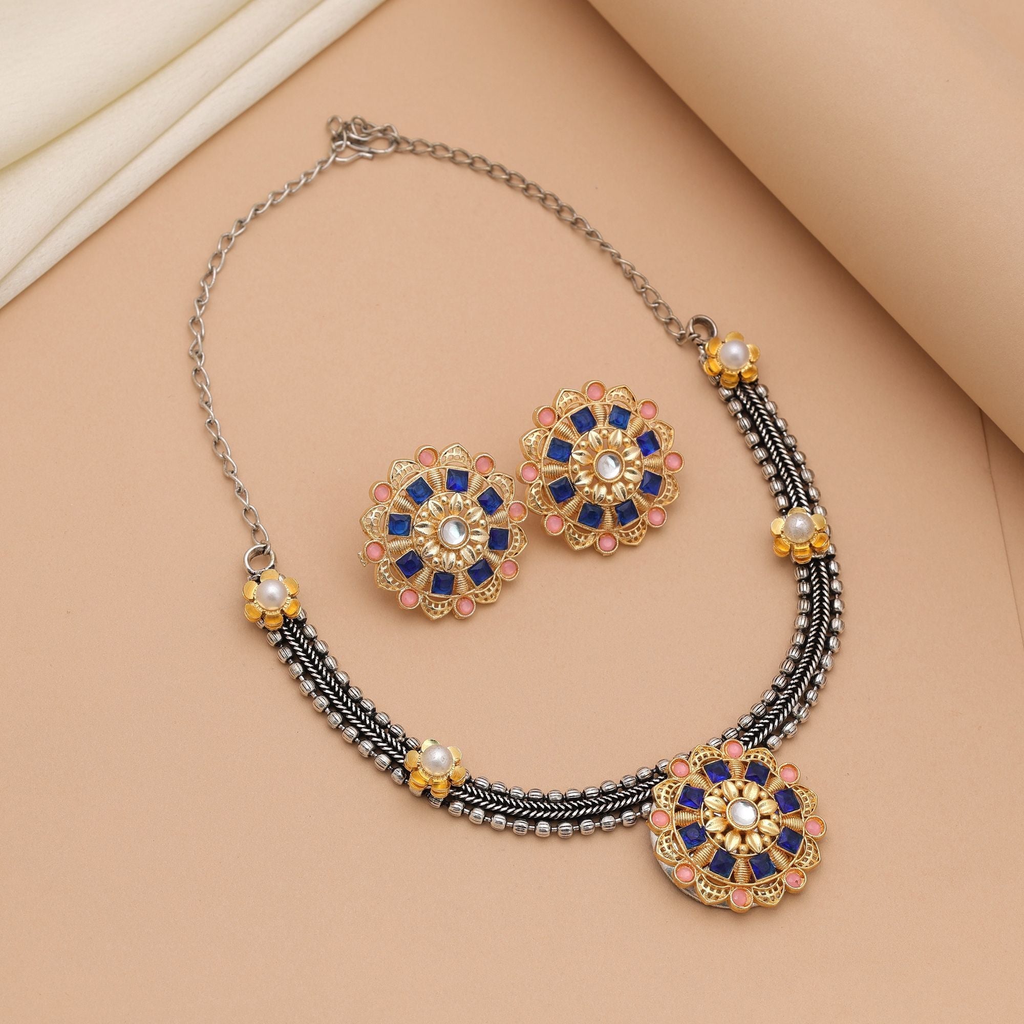 Blue & Light Pink Dual Tone Oxidised Necklace Set