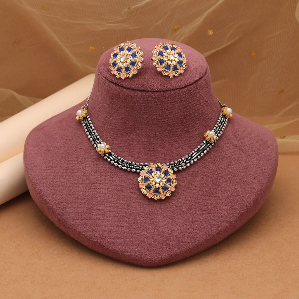 Blue & Light Pink Dual Tone Oxidised Necklace Set