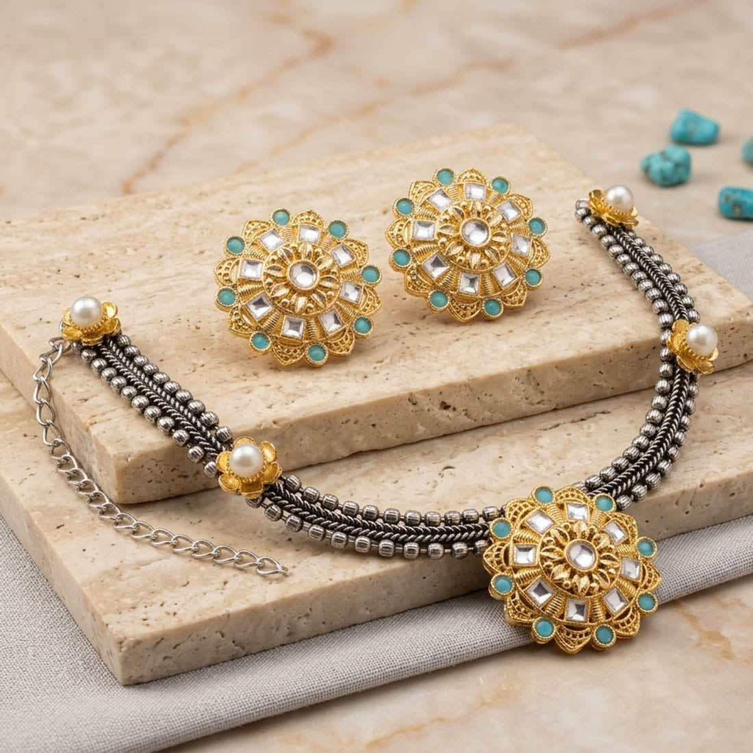 Pista Green Dual Tone Oxidised Necklace Set