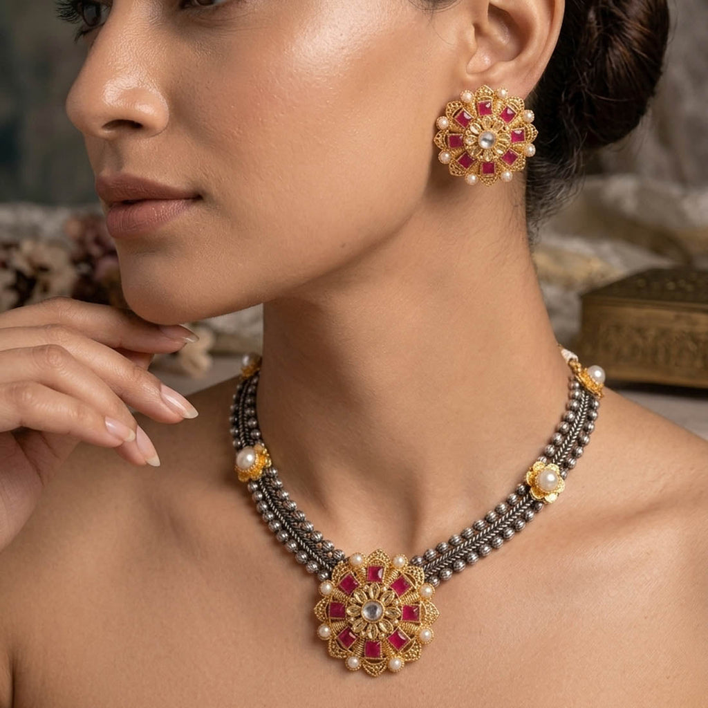 Rani Color Premium Dual Tone Oxidised Necklace Set