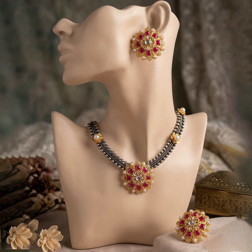 Rani Color Premium Dual Tone Oxidised Necklace Set