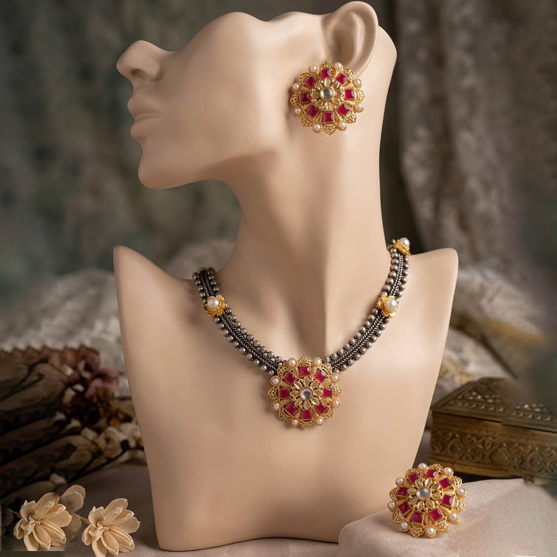 Rani Color Premium Dual Tone Oxidised Necklace Set