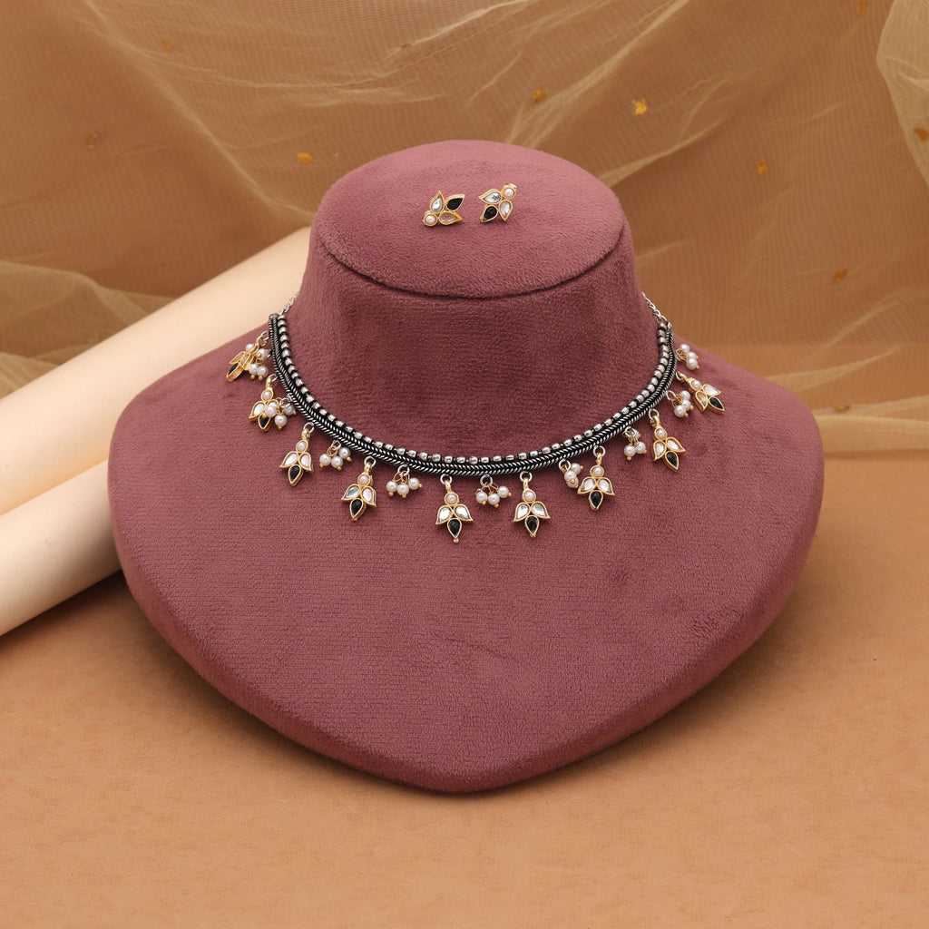 Black Dual Tone Oxidised Necklace Set – Ethnic Finish