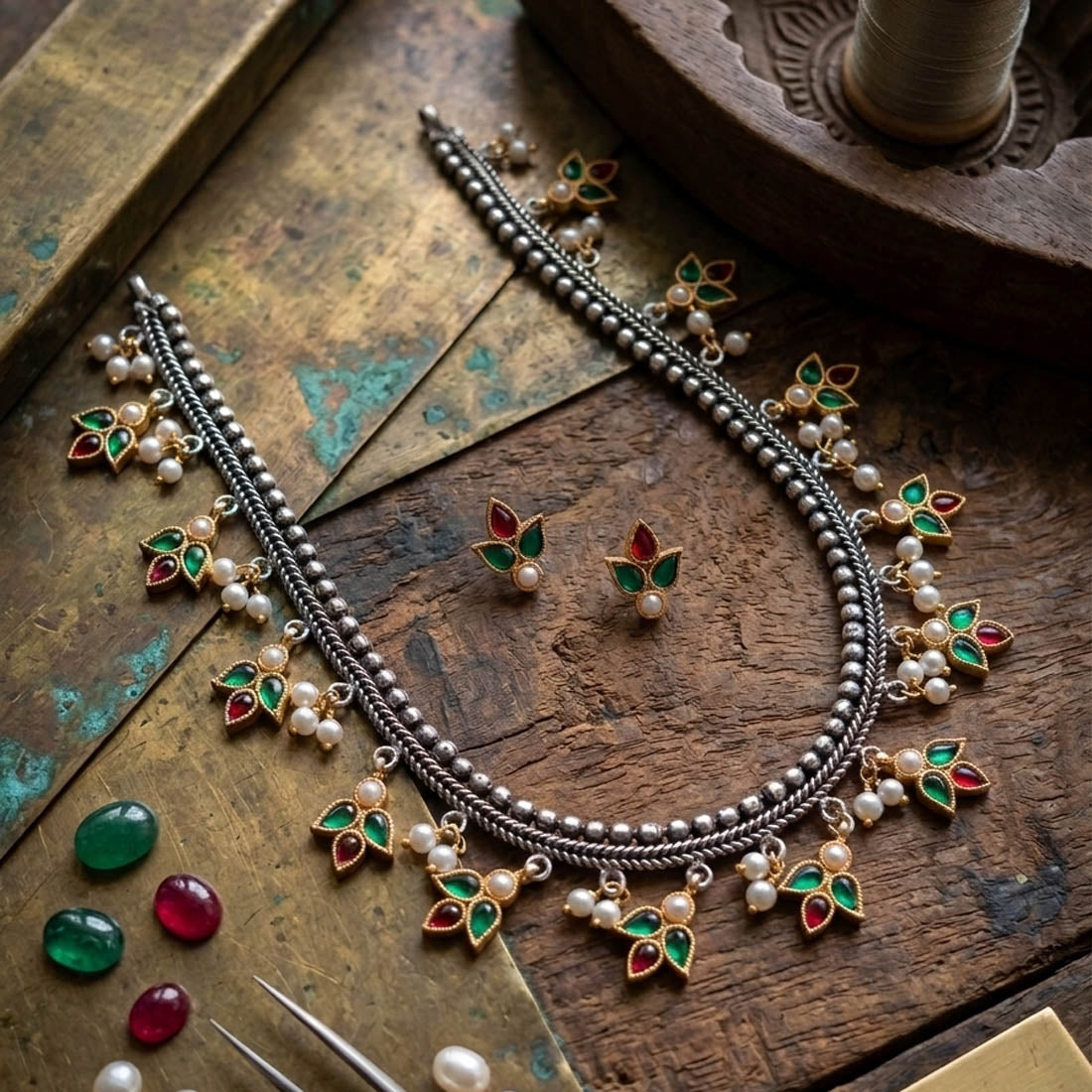 Maroon & Green Dual Tone Oxidised Necklace Set