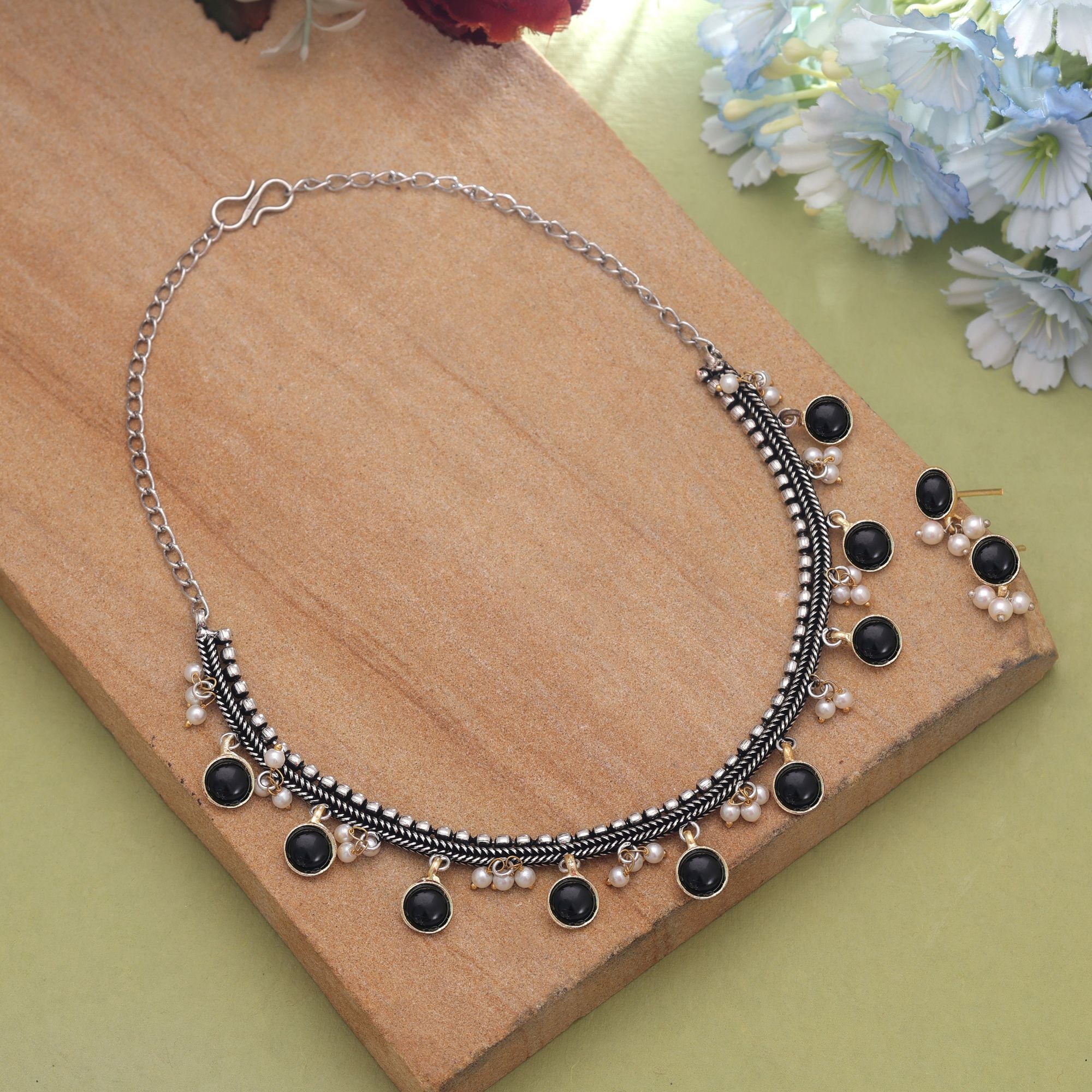 Black Dual Tone Oxidised Necklace Set – Traditional Artwork