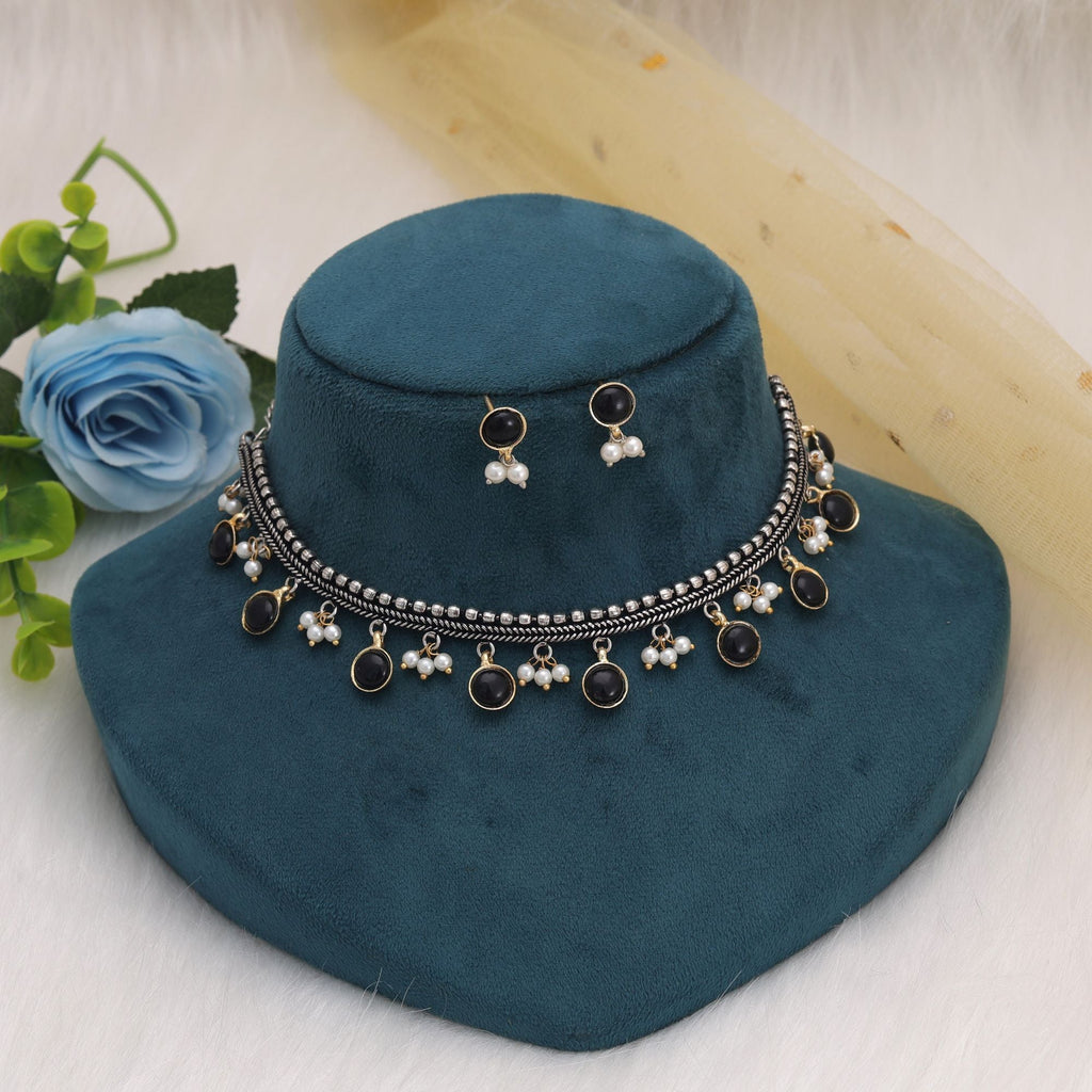 Black Dual Tone Oxidised Necklace Set – Traditional Artwork