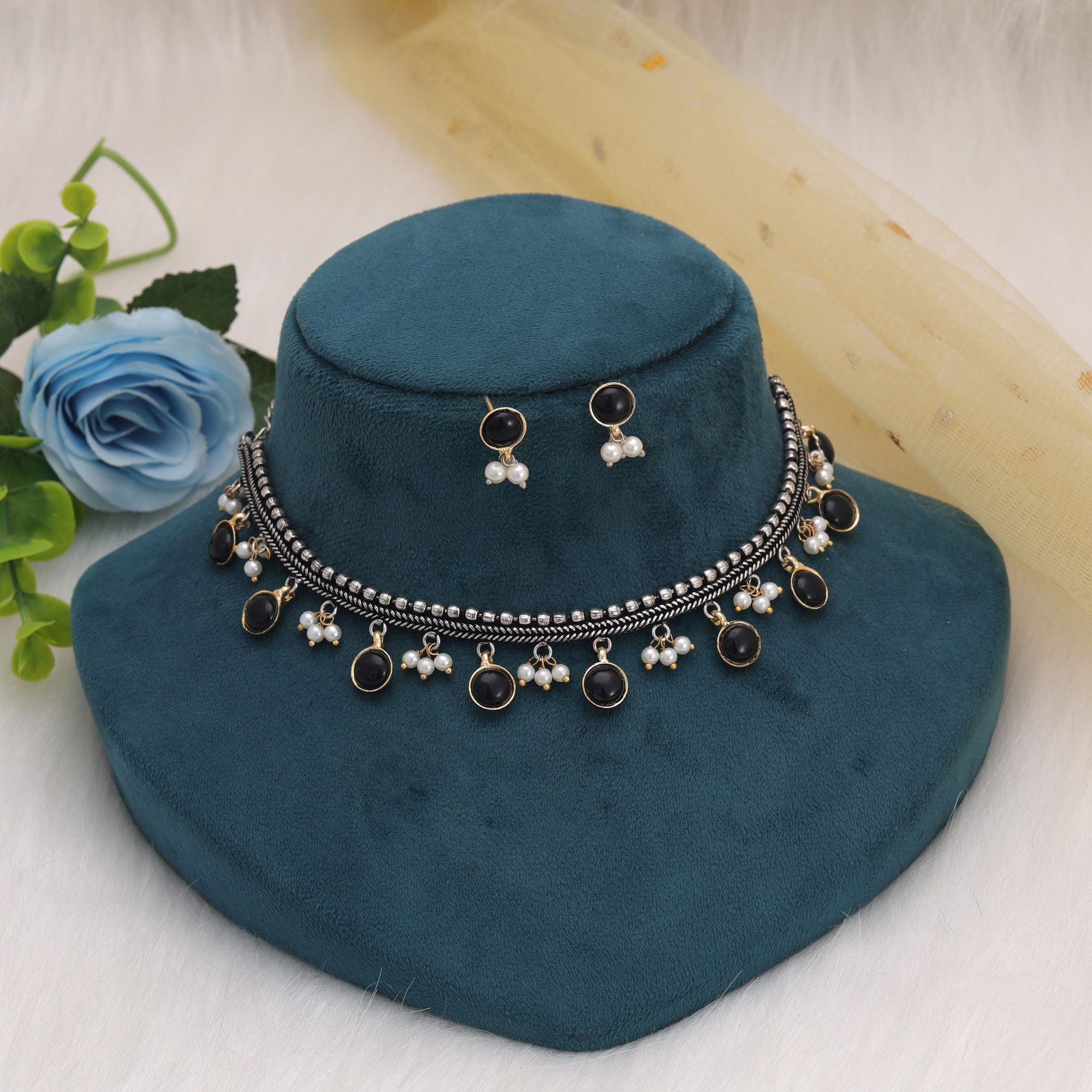 Black Dual Tone Oxidised Necklace Set – Traditional Artwork