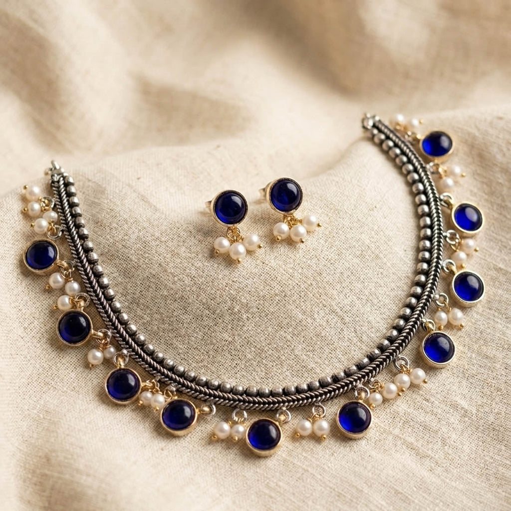 Blue Color Dual Tone Oxidised Necklace Set