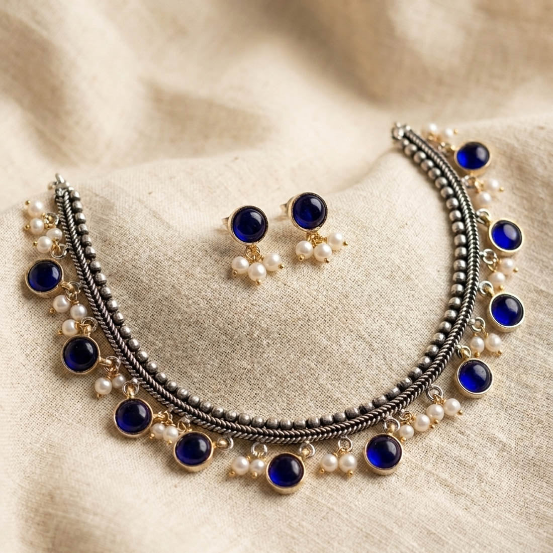 Blue Color Dual Tone Oxidised Necklace Set