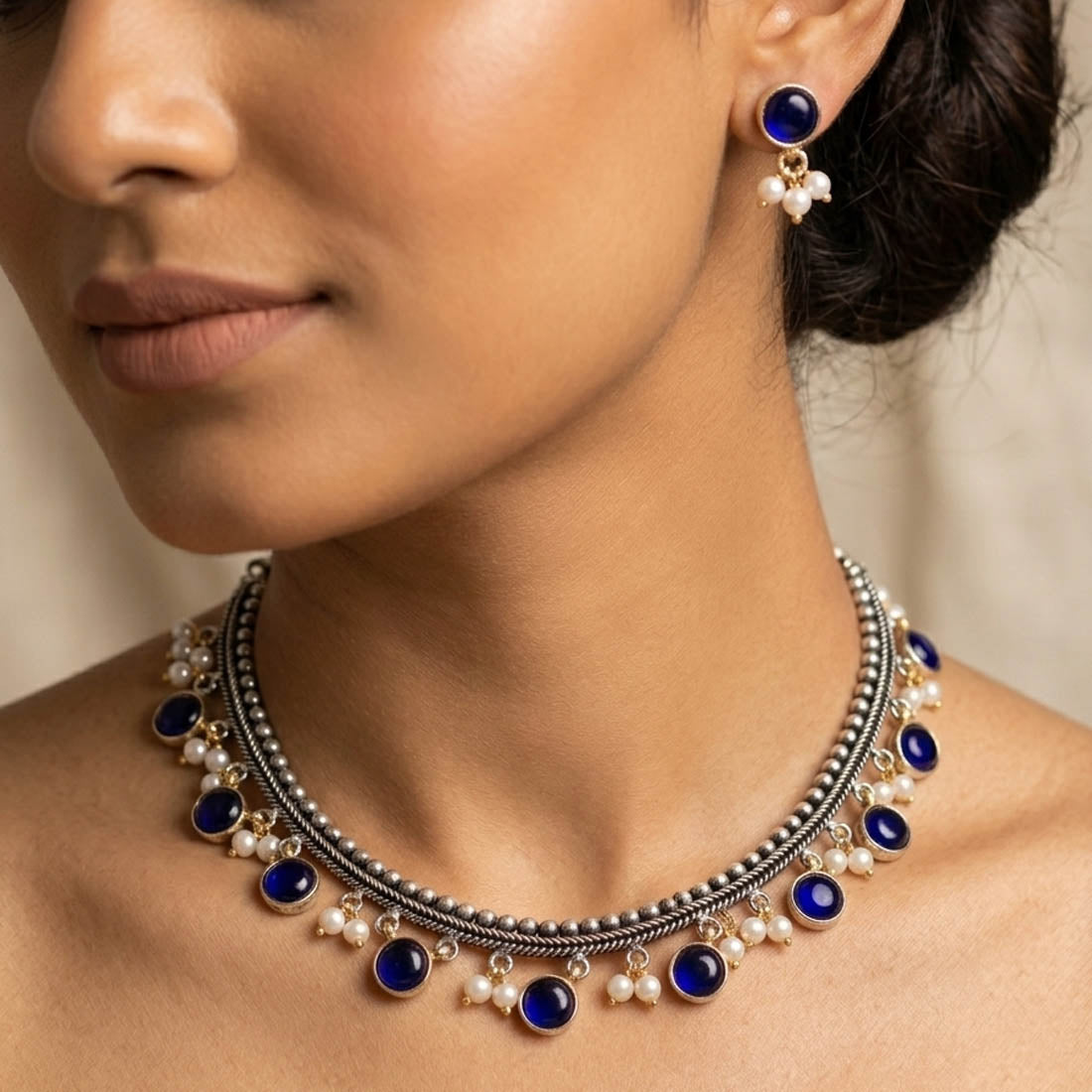 Blue Color Dual Tone Oxidised Necklace Set