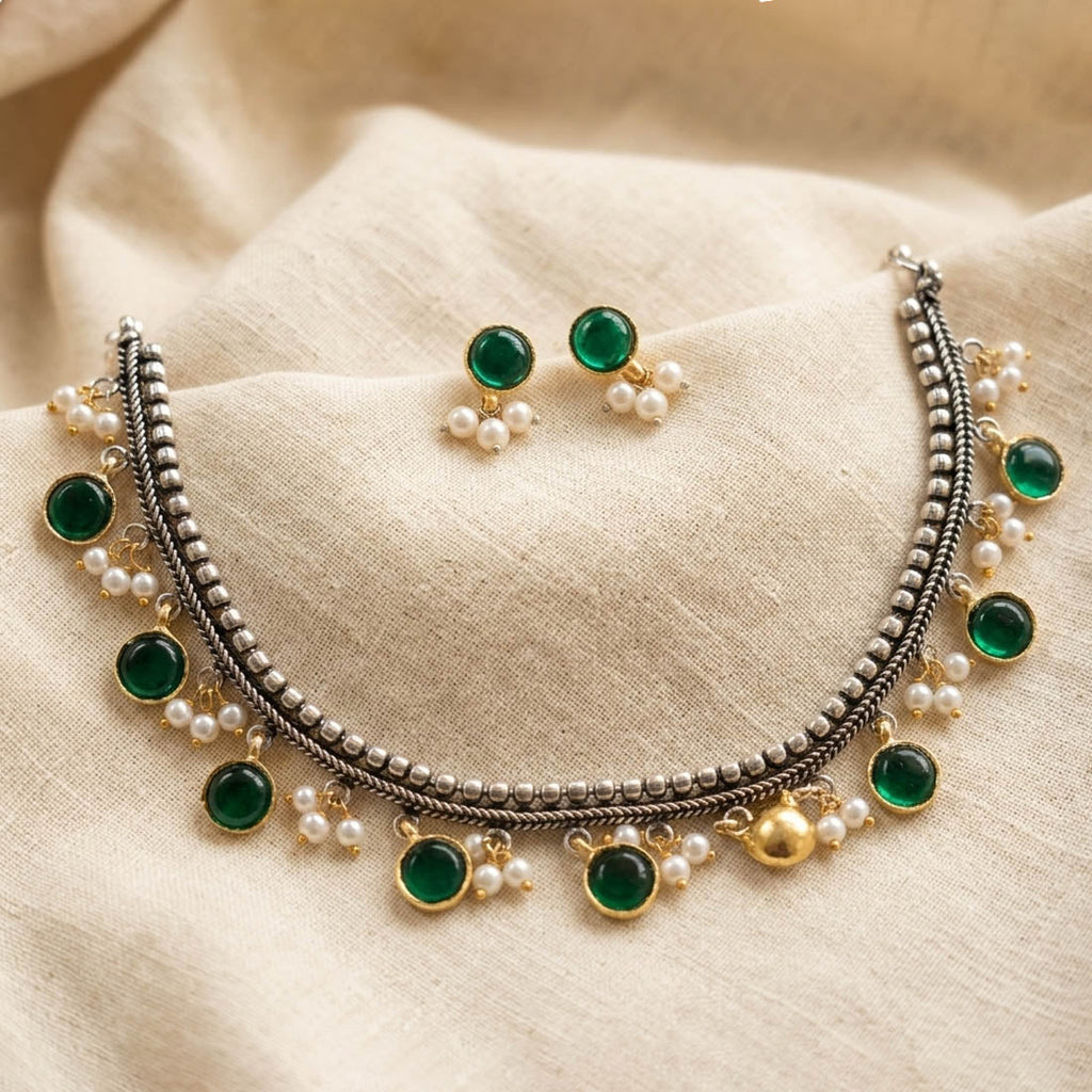 Green Color Dual Tone Oxidised Necklace Set