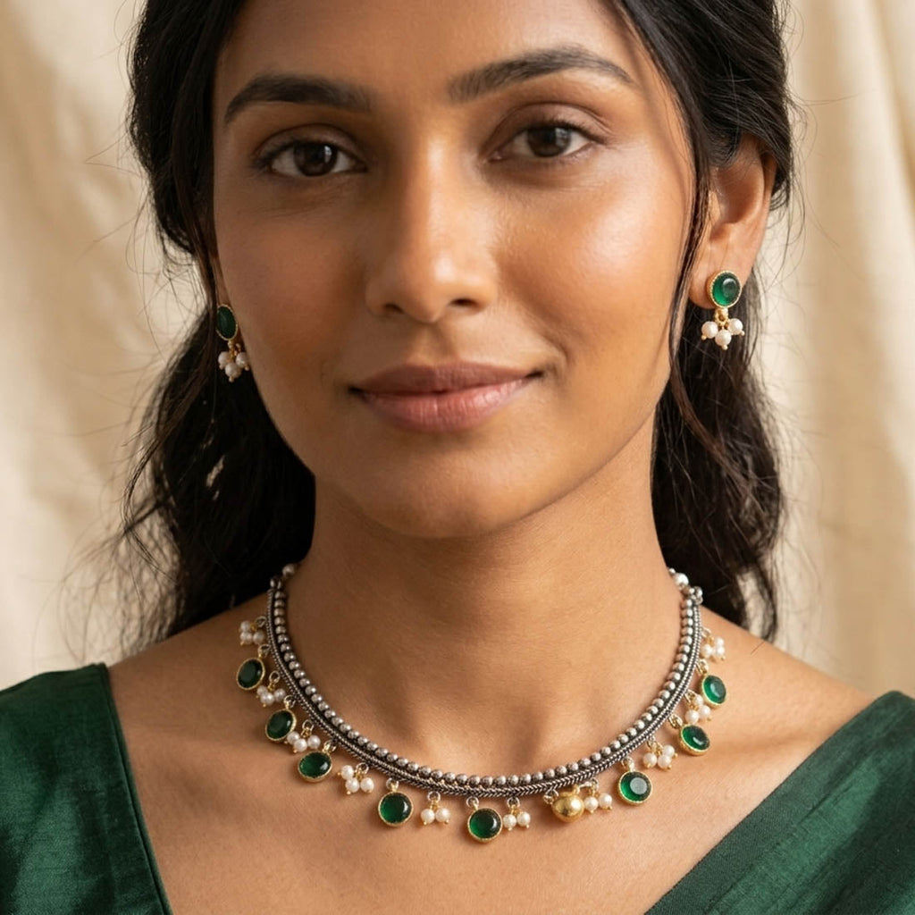 Green Color Dual Tone Oxidised Necklace Set
