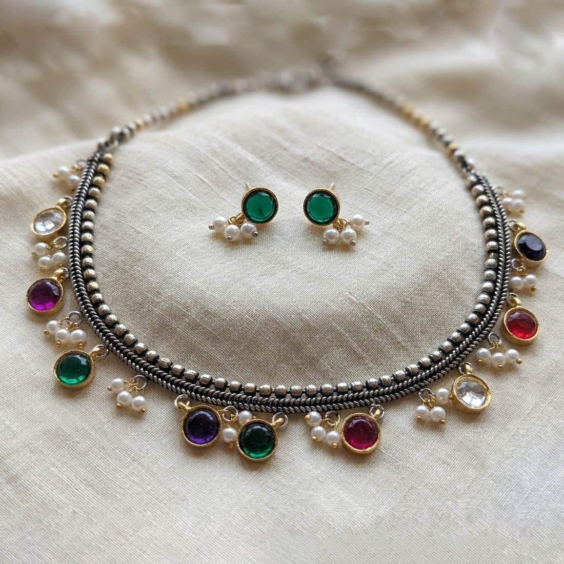 Multi Color Dual Tone Oxidised Necklace Set
