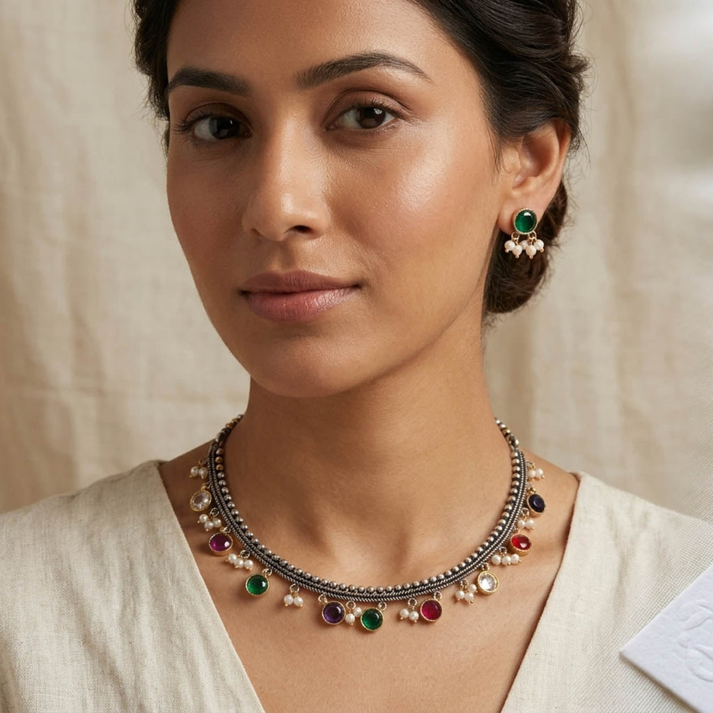 Multi Color Dual Tone Oxidised Necklace Set