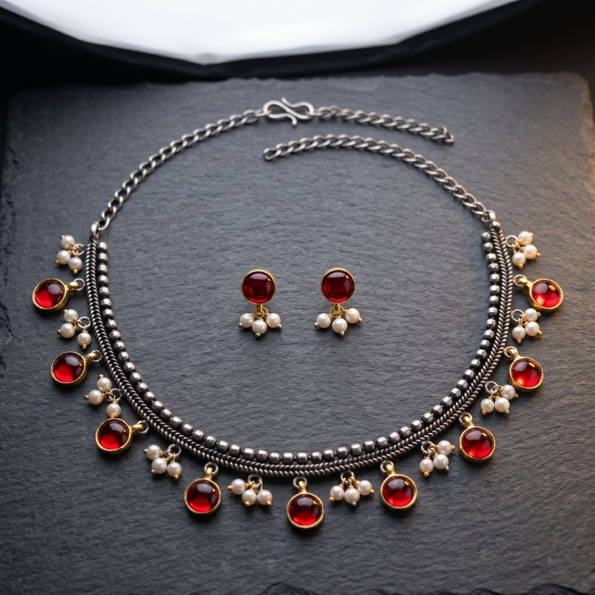 Red Color Dual Tone Oxidised Necklace Set