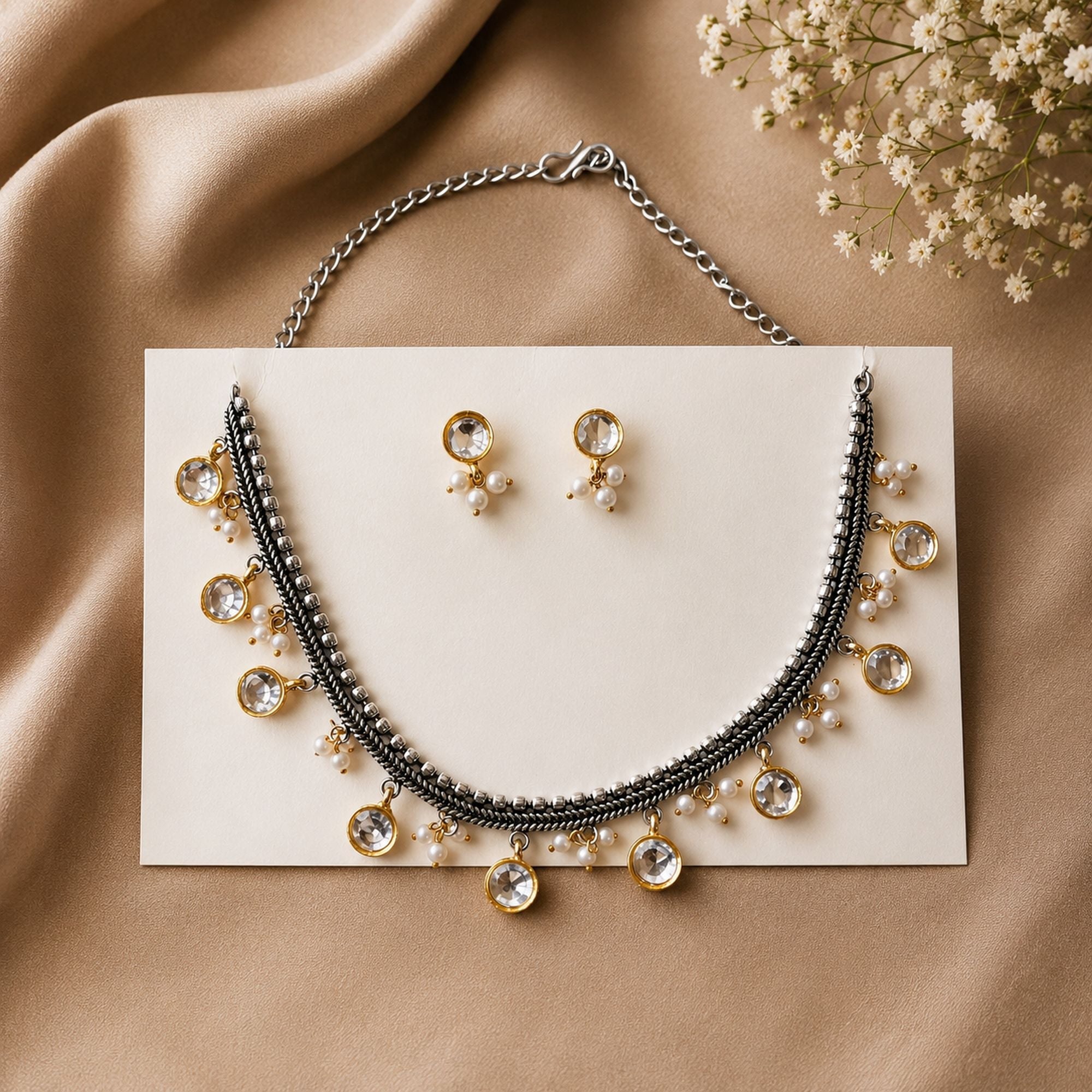 White Color Dual Tone Oxidised Necklace Set